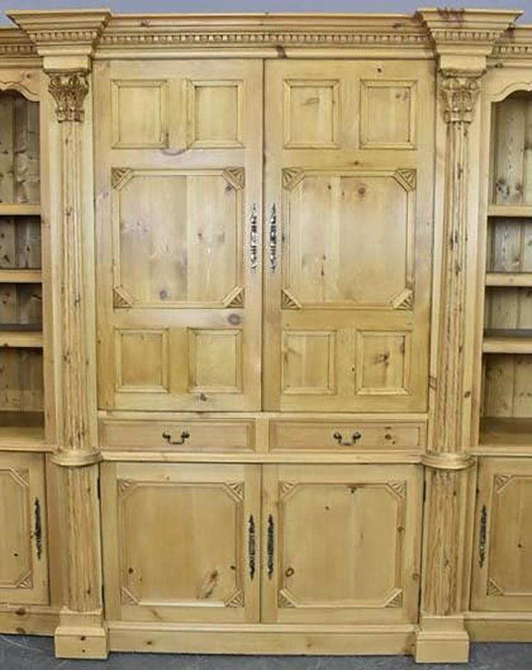 Hand-Carved Large English Pine Bookcase Display Cabinet