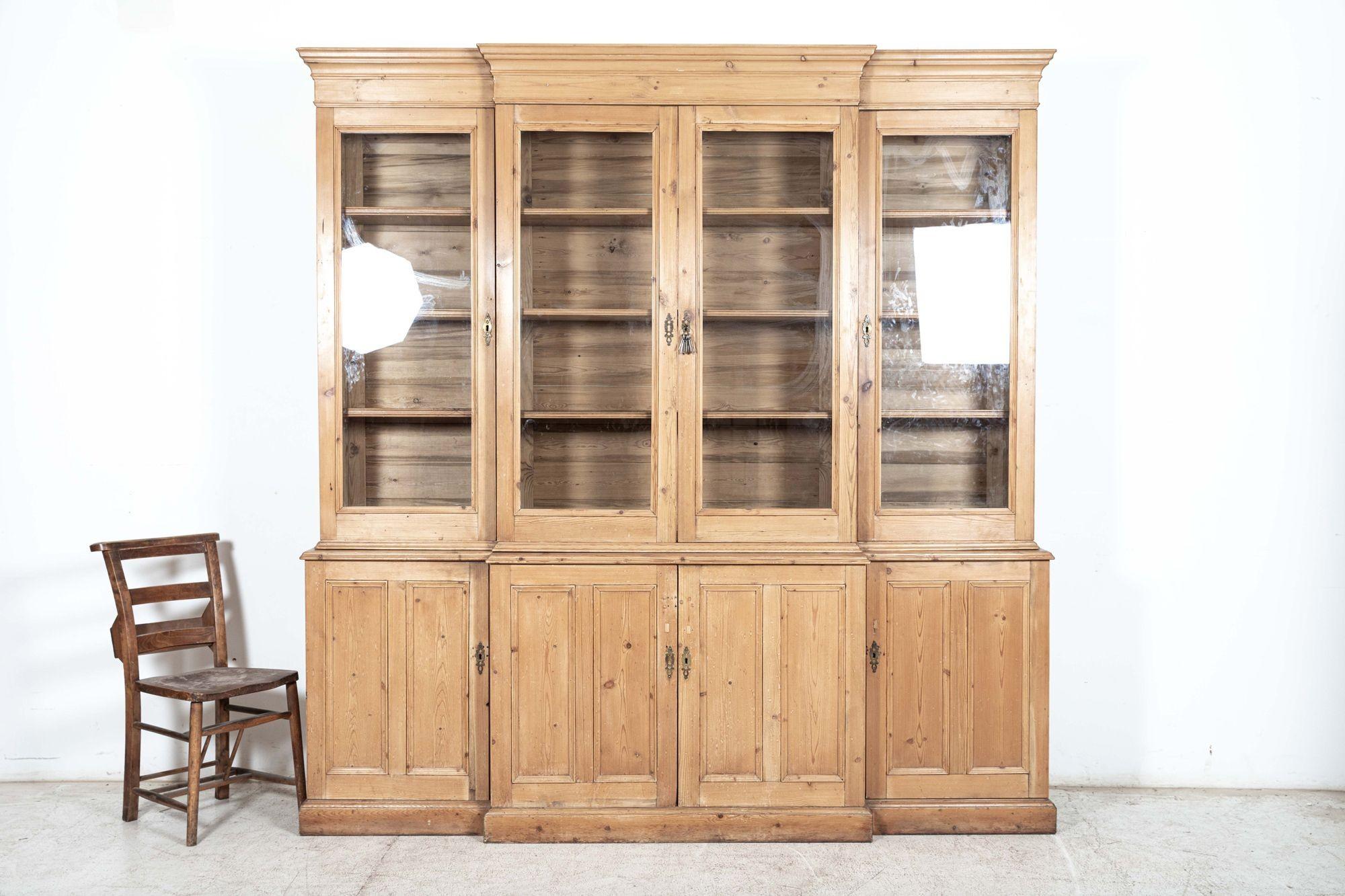 Large English Pine Glazed Breakfront Bookcase In Good Condition For Sale In Staffordshire, GB