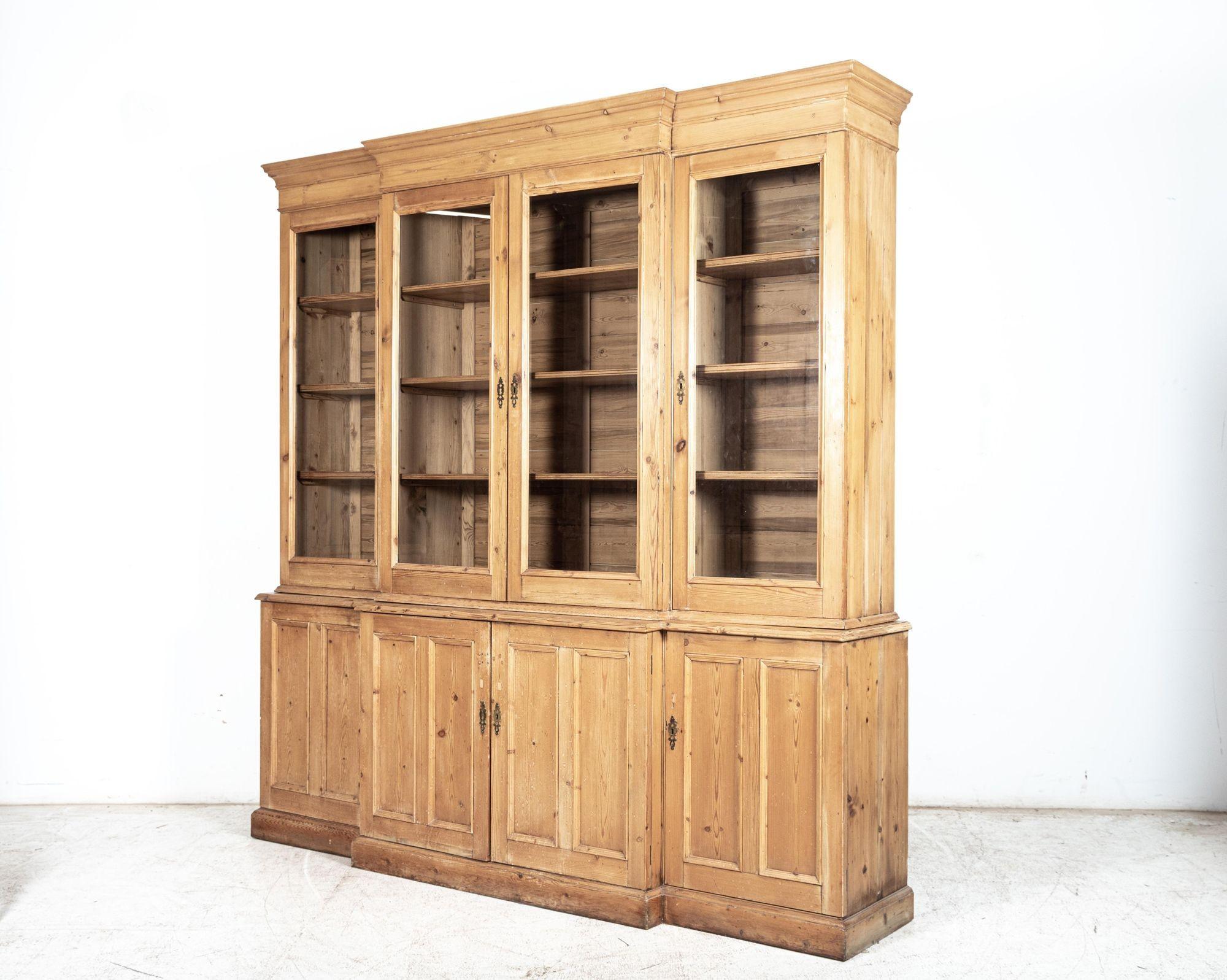 Mid-20th Century Large English Pine Glazed Breakfront Bookcase For Sale