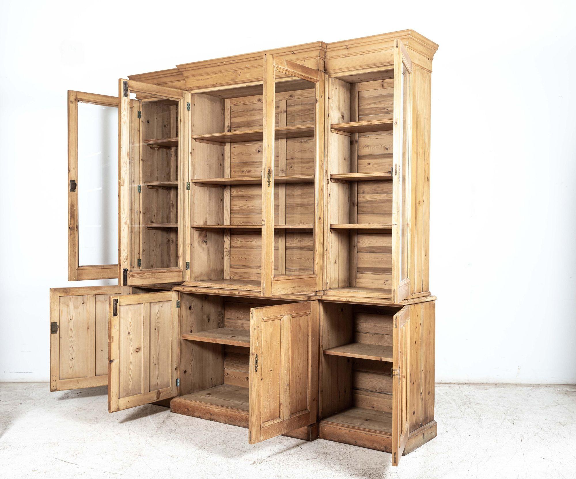 Large English Pine Glazed Breakfront Bookcase For Sale 1