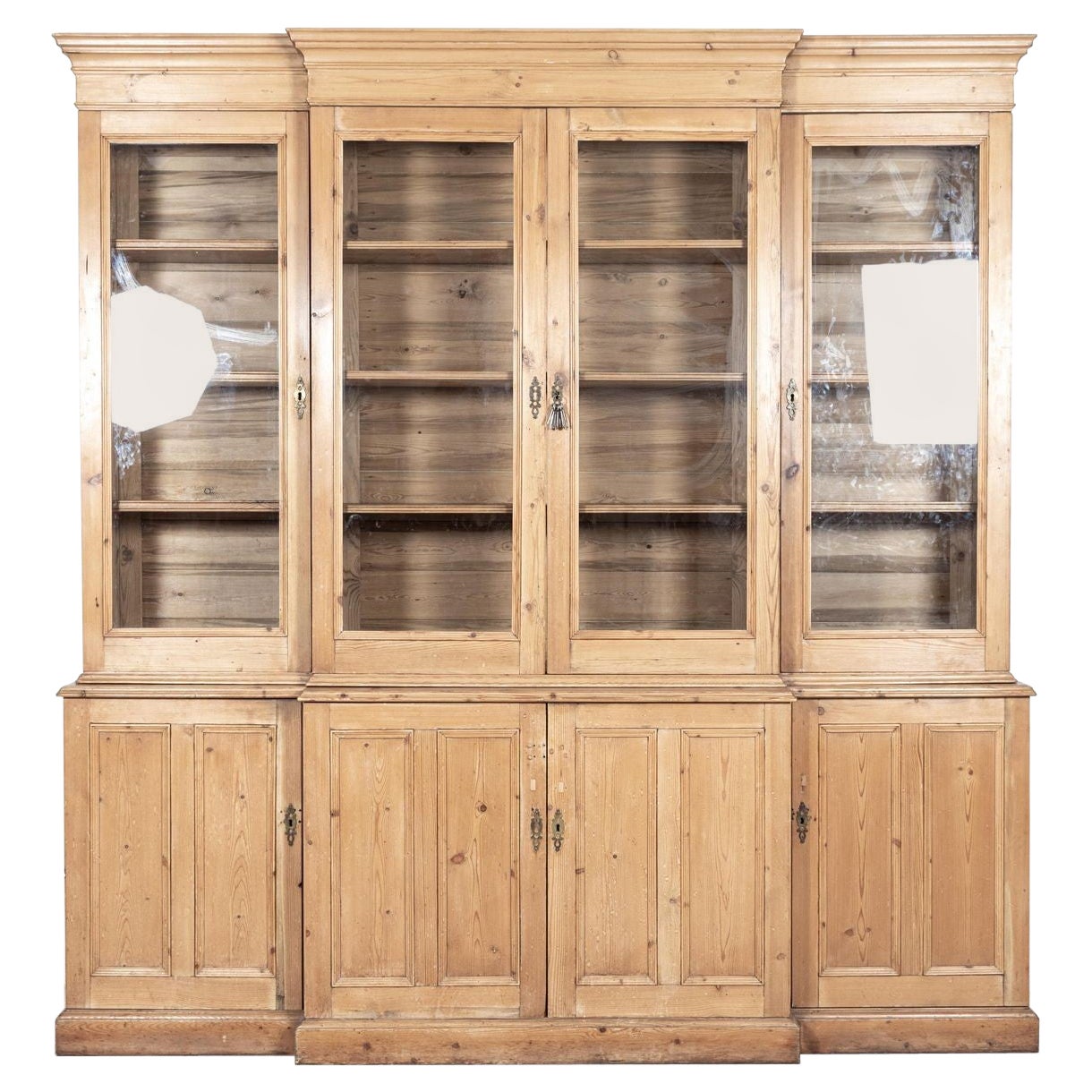 Large English Pine Glazed Breakfront Bookcase