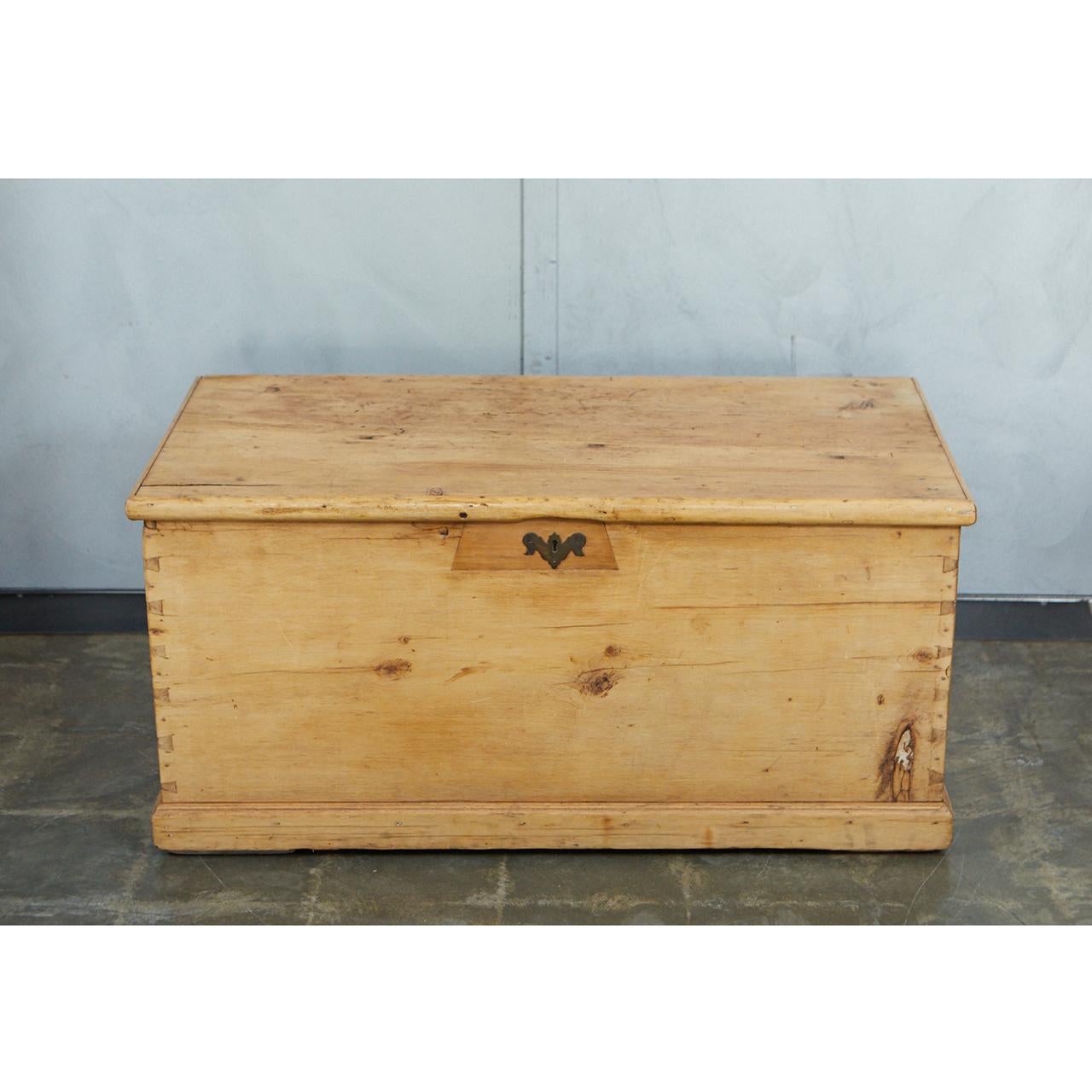 This handsome 19th century English pine trunk has an interior till with two drawers. The trunk has metal escutcheons and handles. The trunk is an attractive piece with quality craftsmanship. 

England, circa 19th century.

19” H X 40