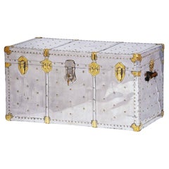 Large English Polished Aluminum-Clad Trunk with Brass Mount Accents