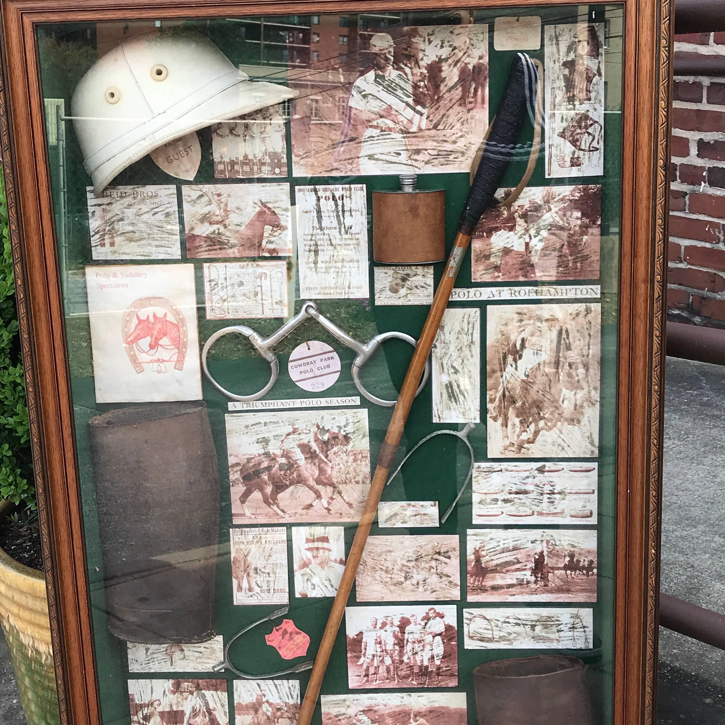 Large English Polo Diorama, Framed in a subtle carved walnut frame, with numerous beautifully assembled 1950s English polo accoutrements.