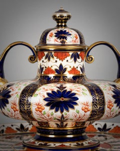 Large English Porcelain Imari Pattern Two-Handled Covered Centerpiece and Stand