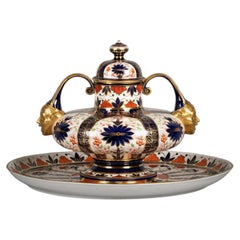Large English Porcelain Imari Pattern Two-Handled Covered Centerpiece and Stand
