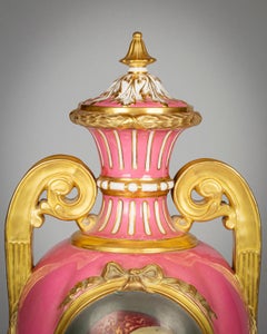 Large English Porcelain Portrait Covered Vase, Derby Crown, Dated 1881