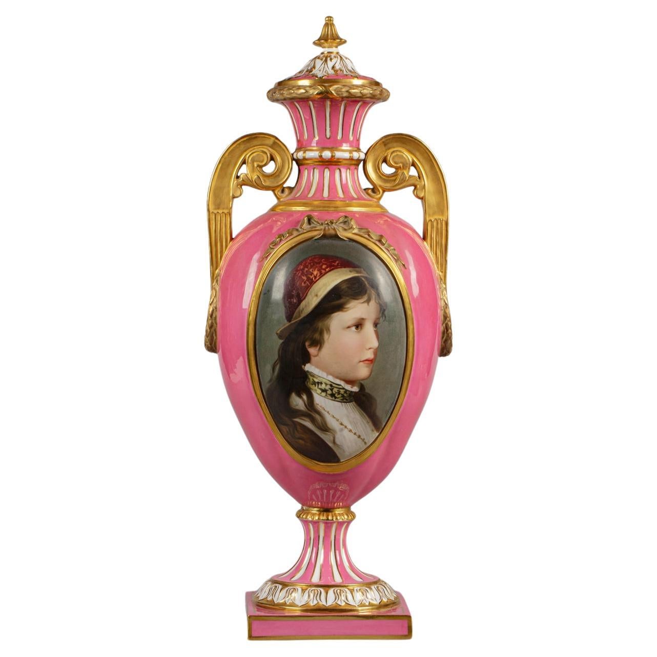 Large English Porcelain Portrait Covered Vase, Derby Crown, Dated 1881 For Sale
