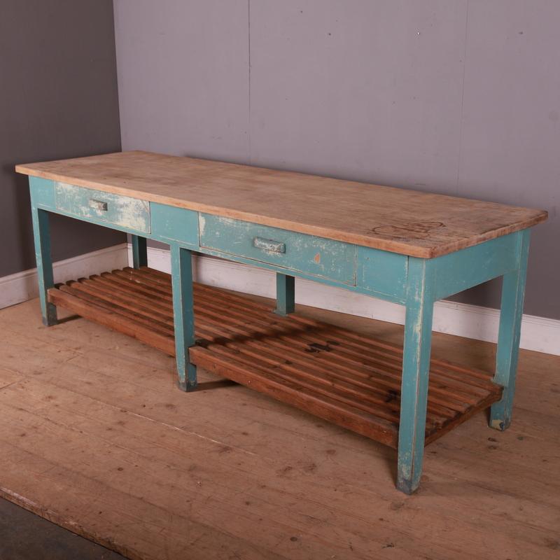 Good looking early 20th C 2 drawer English prep table / centre table. Scrubbed and bleached beech worktop with a pine base in a lovely old worn paint. 1920.

Dimensions
96 inches (244 cms) wide
30 inches (76 cms) deep
33 inches (84 cms)