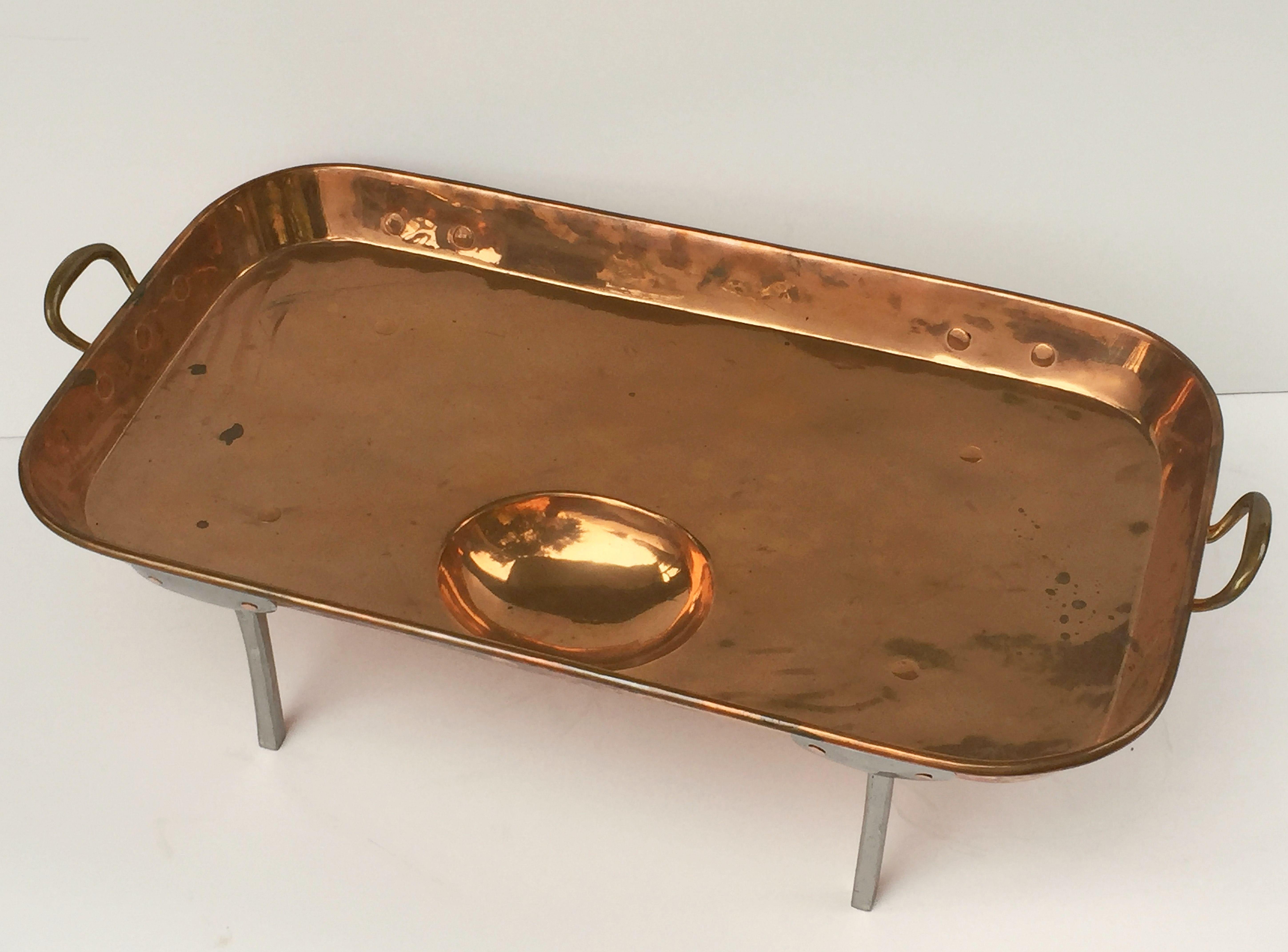 19th Century Large English Rectangular Copper Serving Tray or Platter on Steel Feet