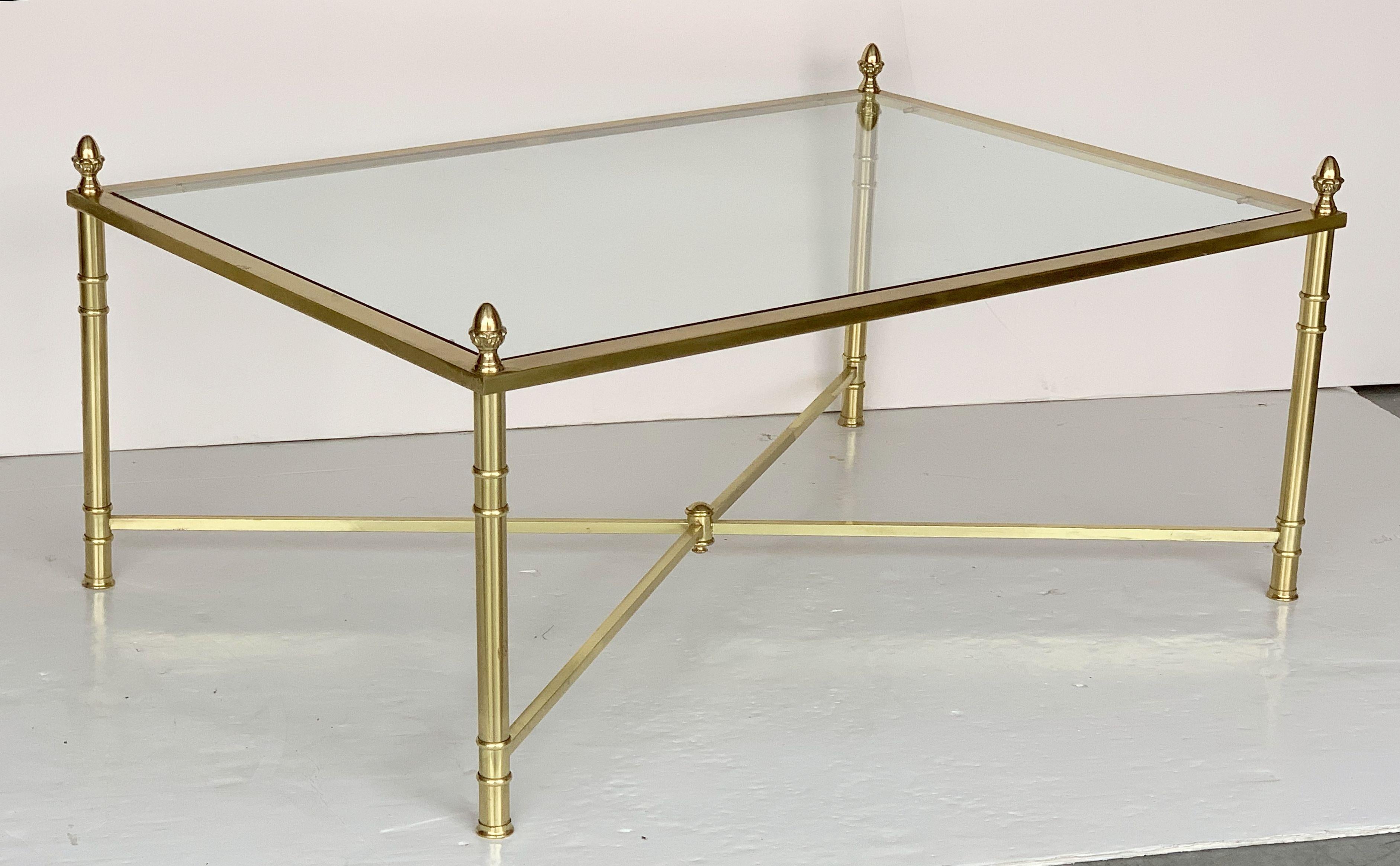 Metal Large English Rectangular Low Coffee or Cocktail Table of Brass and Glass