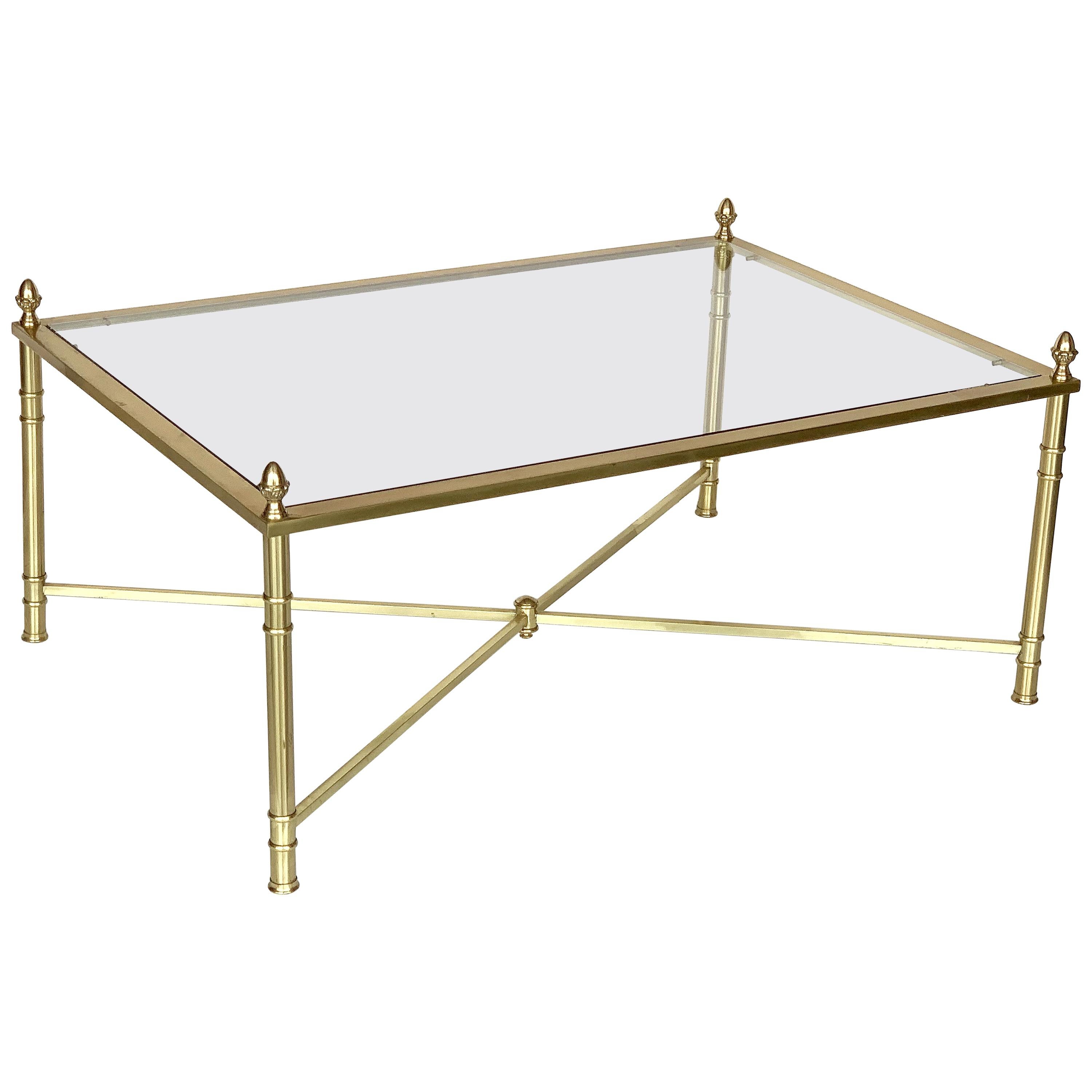 Large English Rectangular Low Coffee or Cocktail Table of Brass and Glass