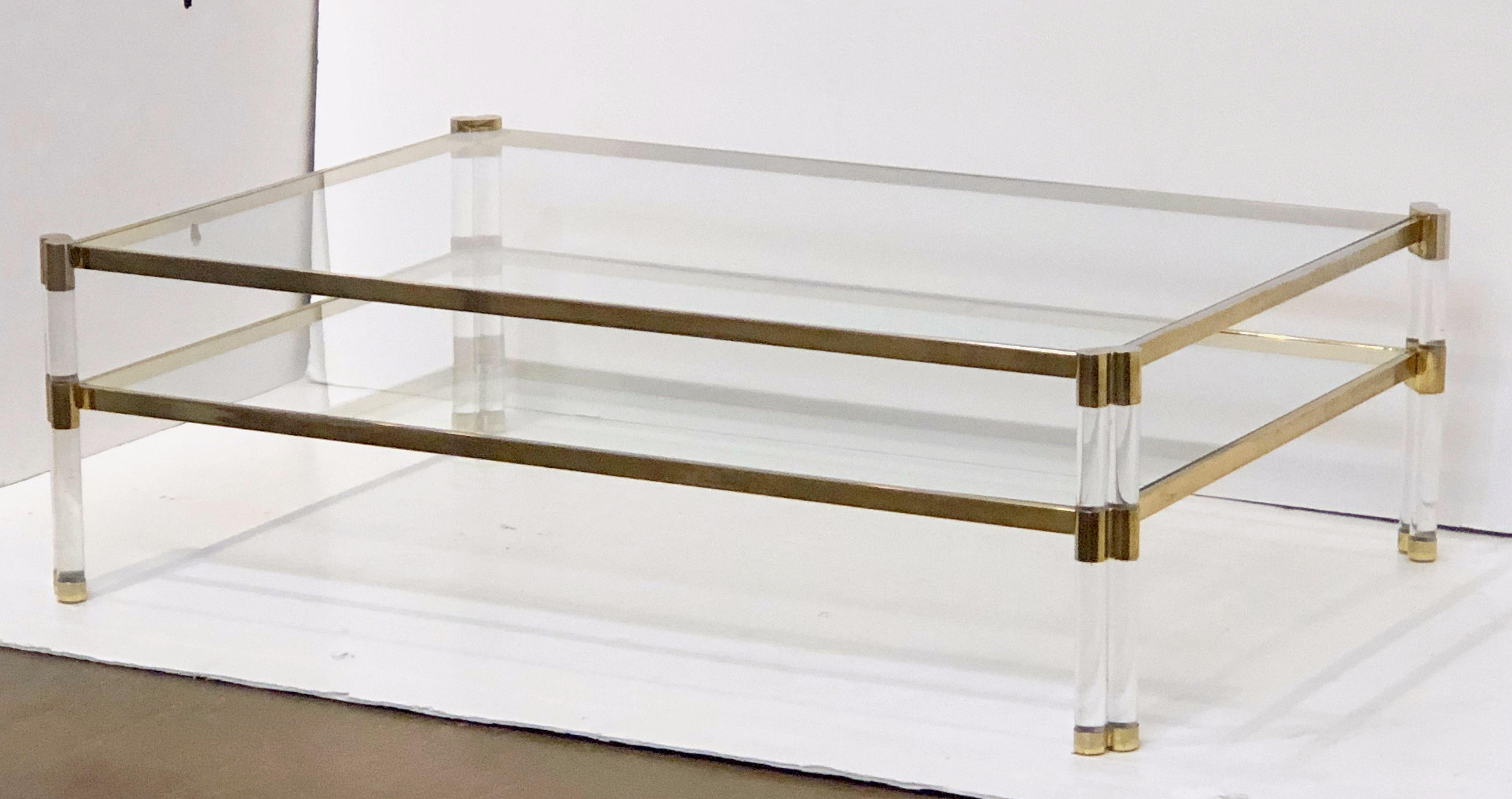 Metal Large English Rectangular Low Glass Coffee Table of Lucite and Brass