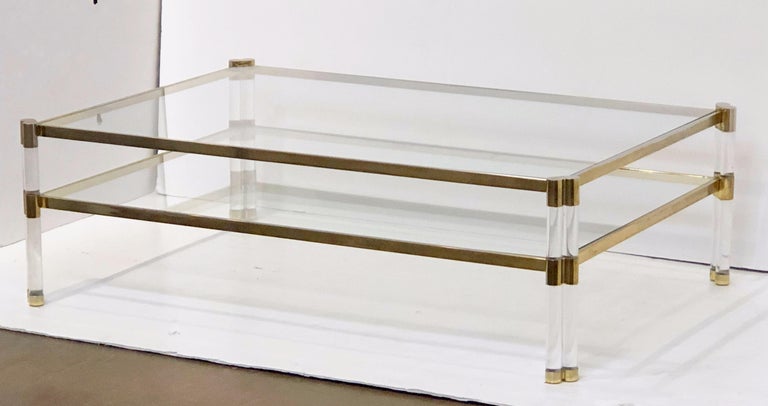 Large English Rectangular Low Glass Coffee Table Of Lucite And Brass At 1stdibs Epoxy resin coffee table, glass table. large english rectangular low glass coffee table of lucite and brass