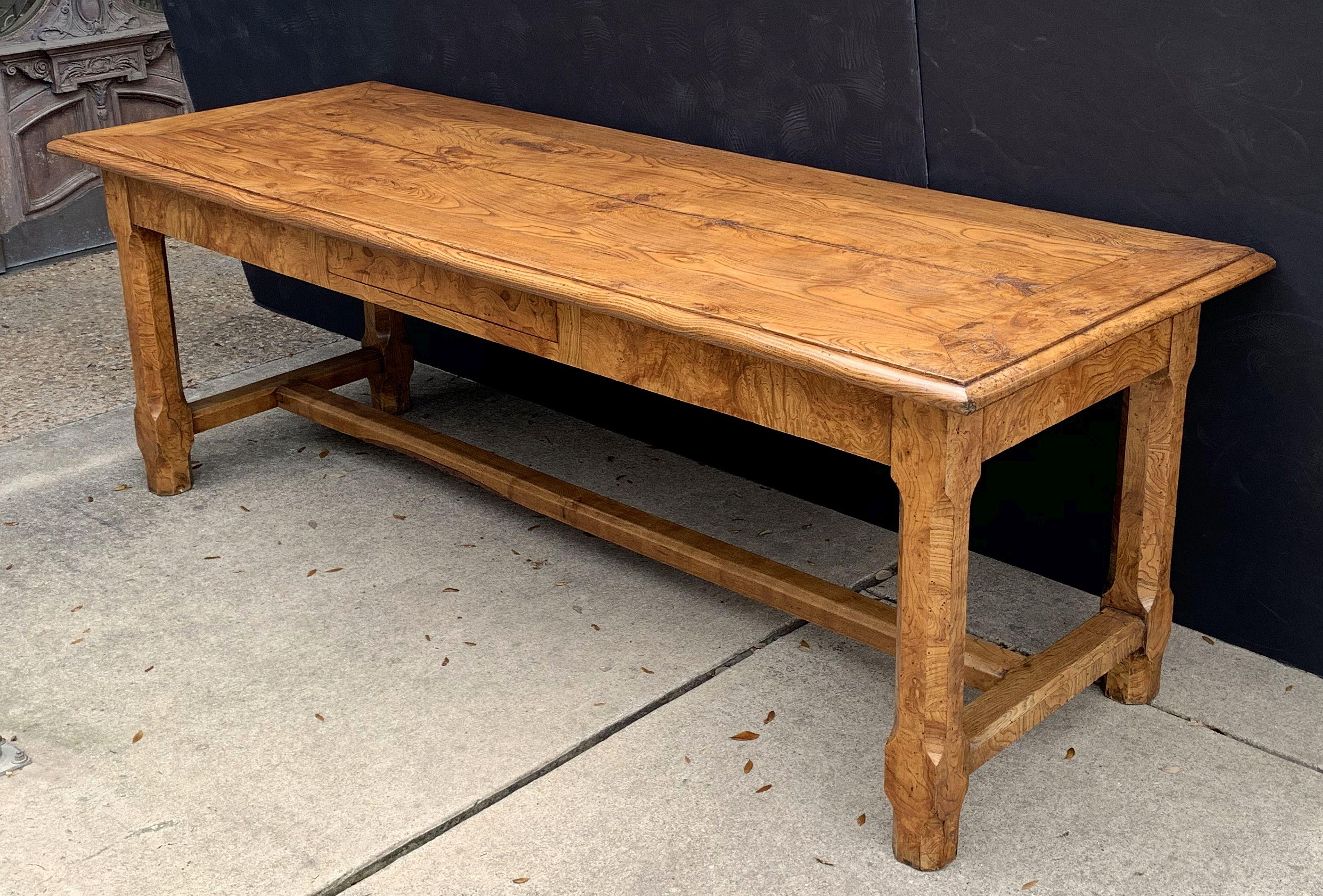 19th Century Large English Rectangular Trestle Table of Burled Ash