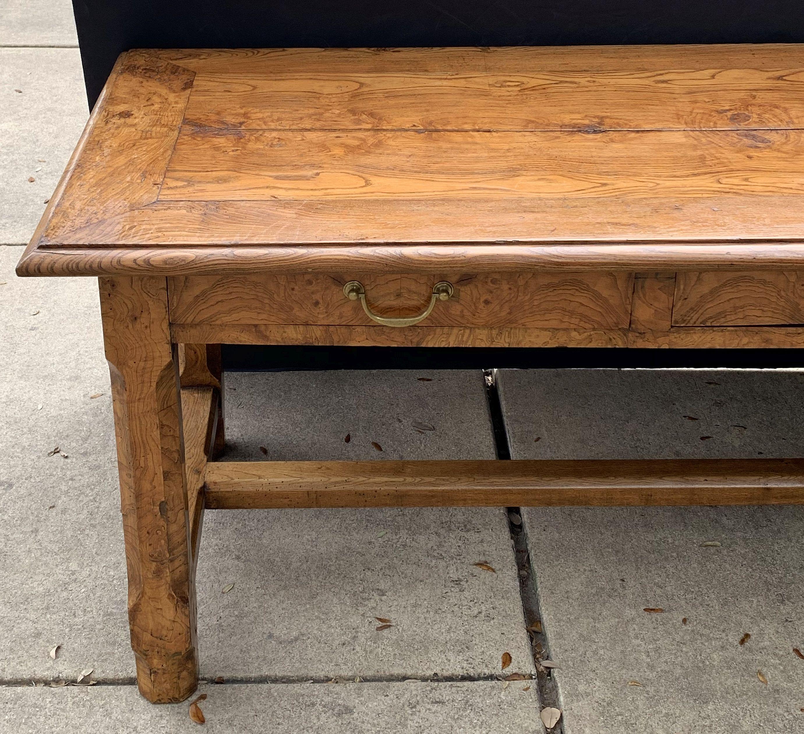 Metal Large English Rectangular Trestle Table of Burled Ash