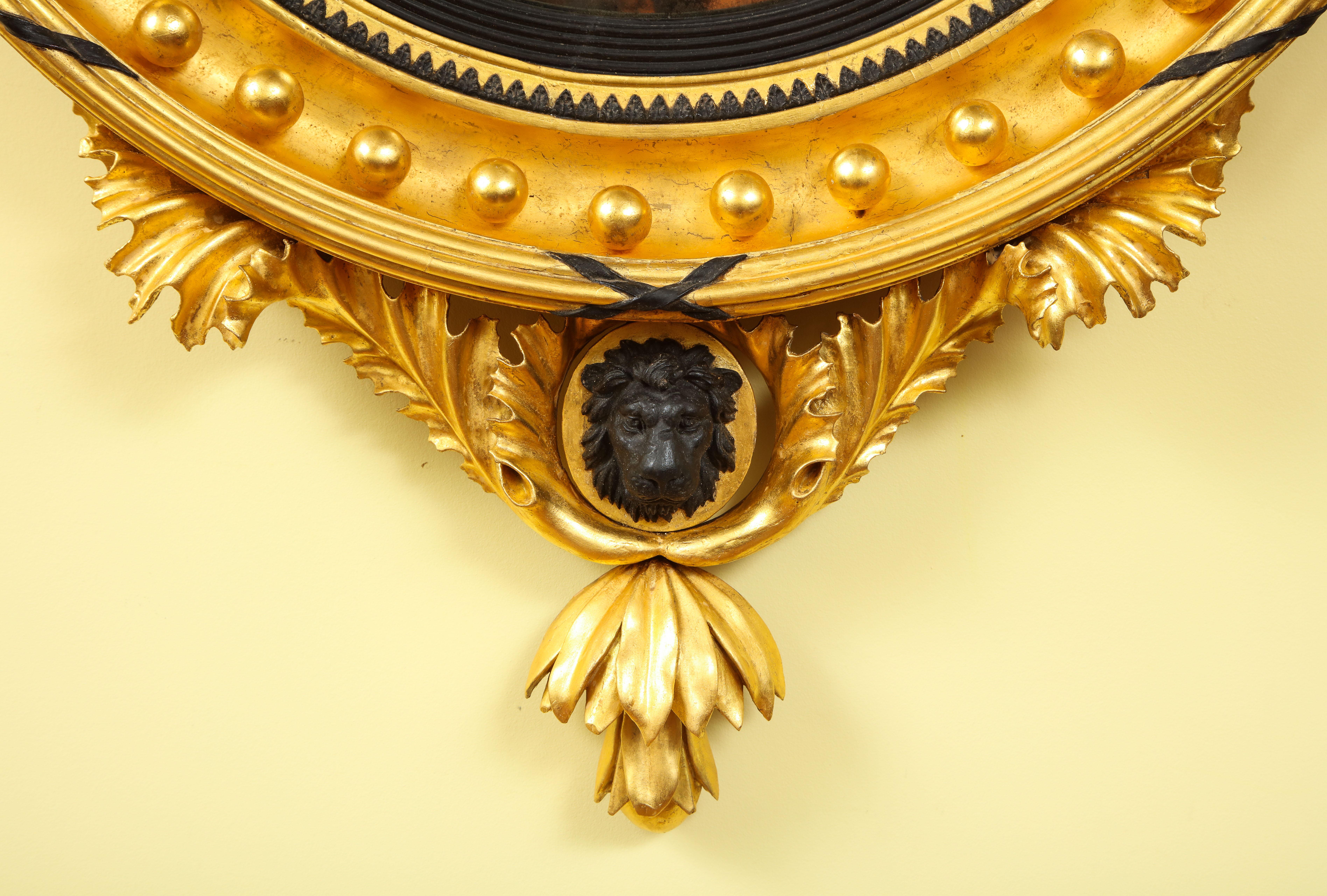 Large English Regency Carved Giltwood and Ebonized Convex Mirror, circa 1810 For Sale 3