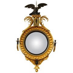 Antique Large English Regency Carved Giltwood and Ebonized Convex Mirror, circa 1810