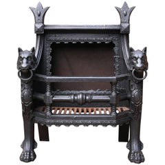 Large English Regency Cast Iron Baronial Style Wolfhound Fire Basket