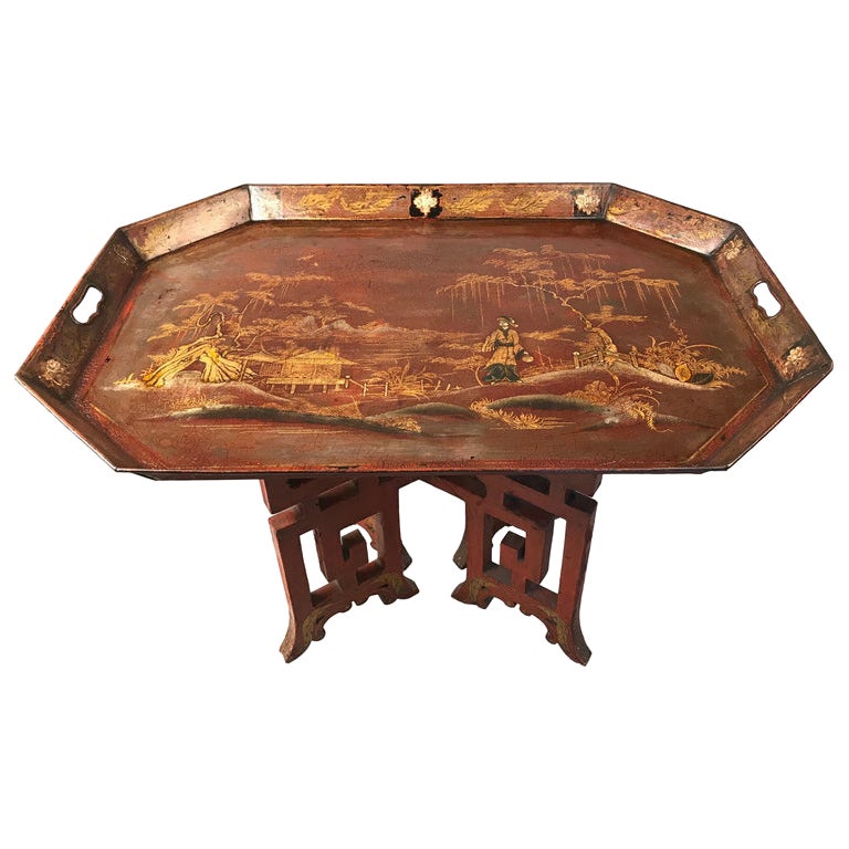 Grande tavolo a vassoio inglese Regency Chinoiserie con scaglie di giapano