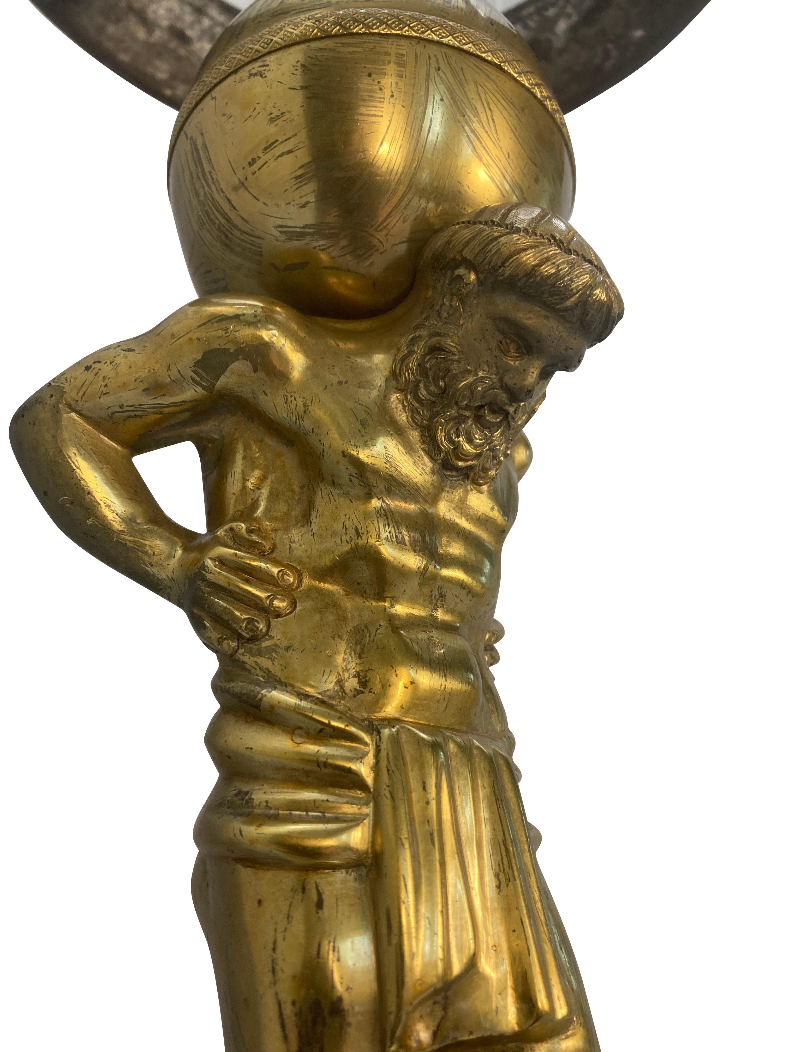 Early 19th Century Large English Regency Gilt Bronze Lamp Depicting Atlas For Sale
