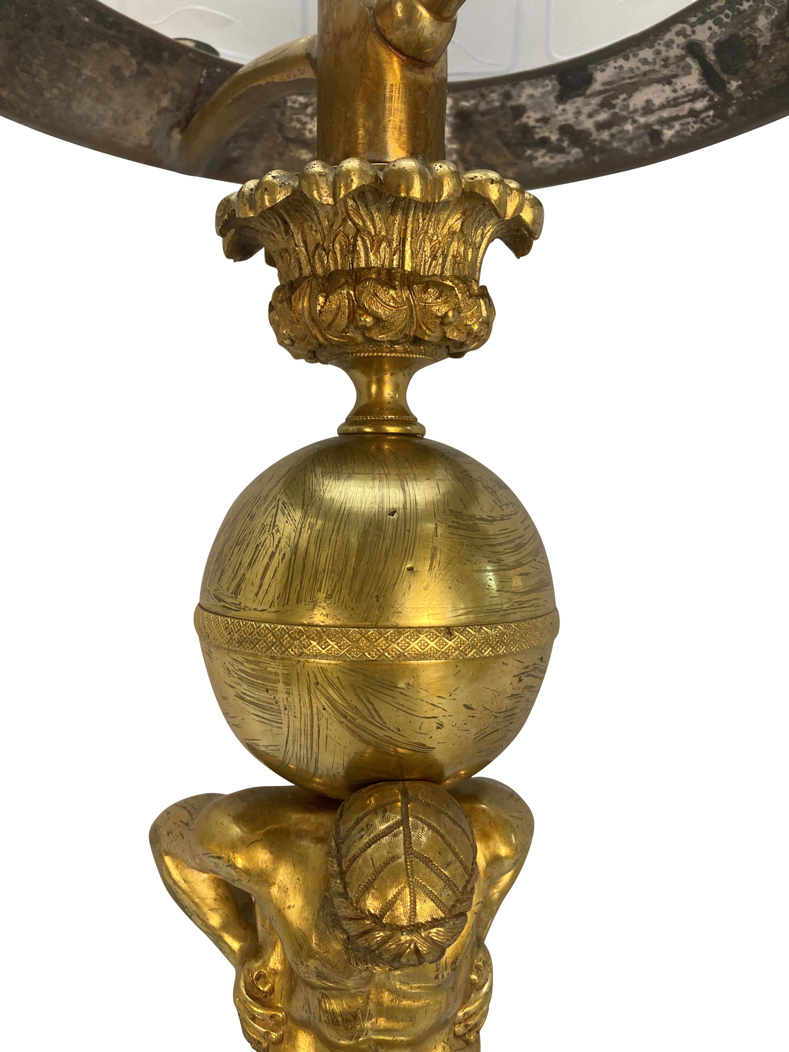 Brass Large English Regency Gilt Bronze Lamp Depicting Atlas For Sale