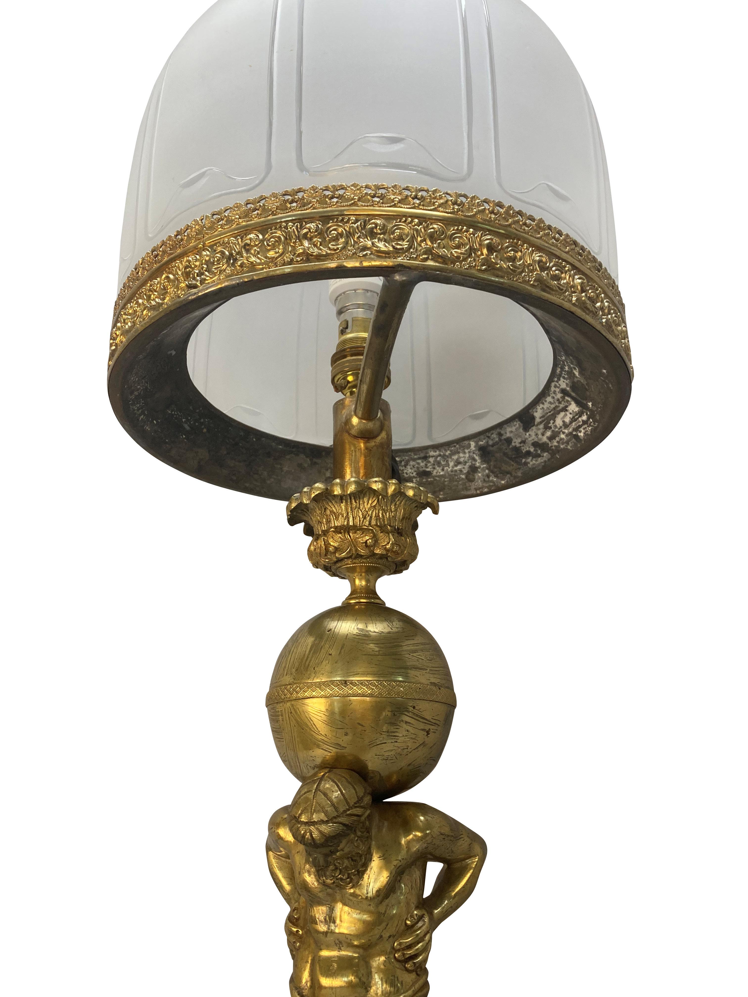 Large English Regency Gilt Bronze Lamp Depicting Atlas For Sale 2