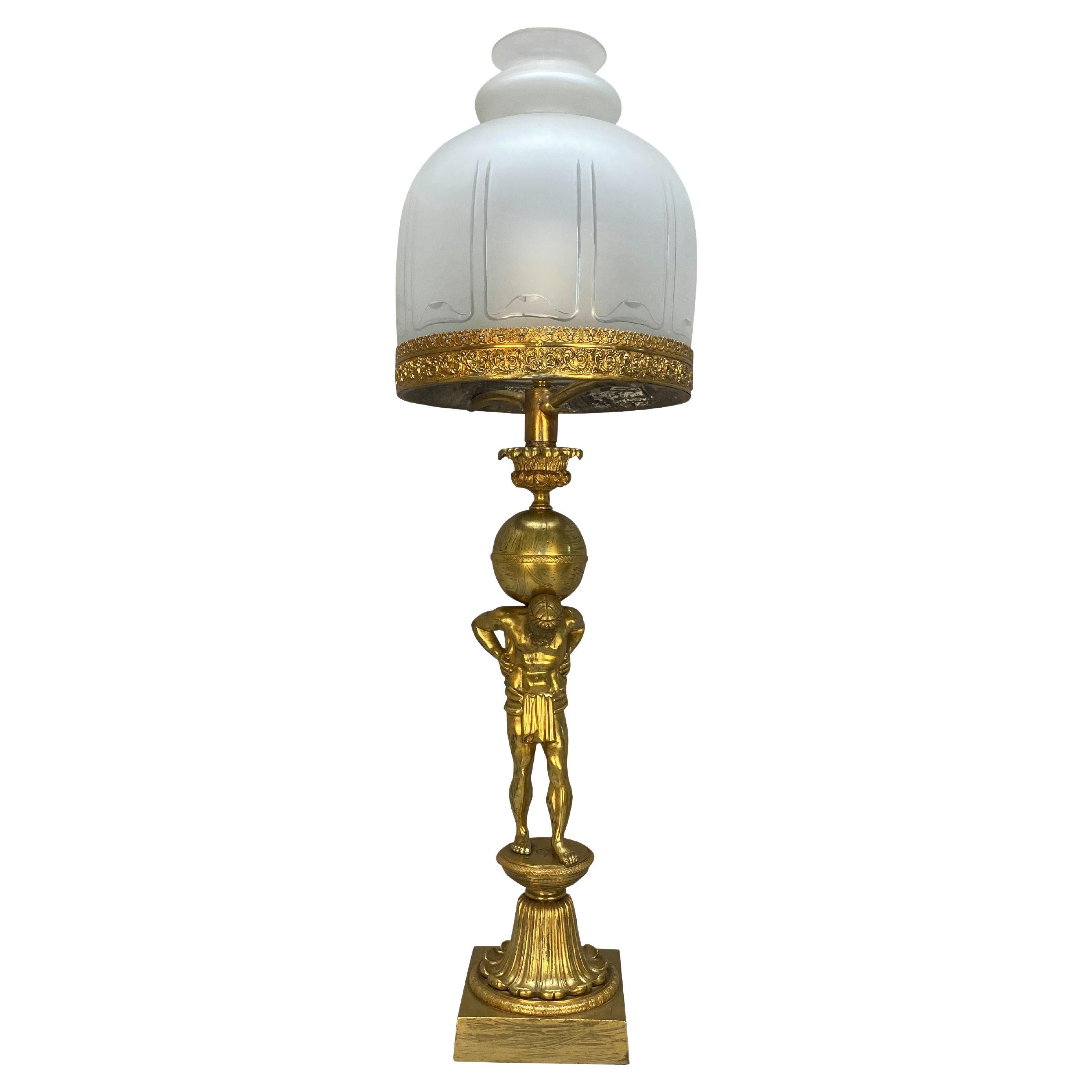 Large English Regency Gilt Bronze Lamp Depicting Atlas For Sale