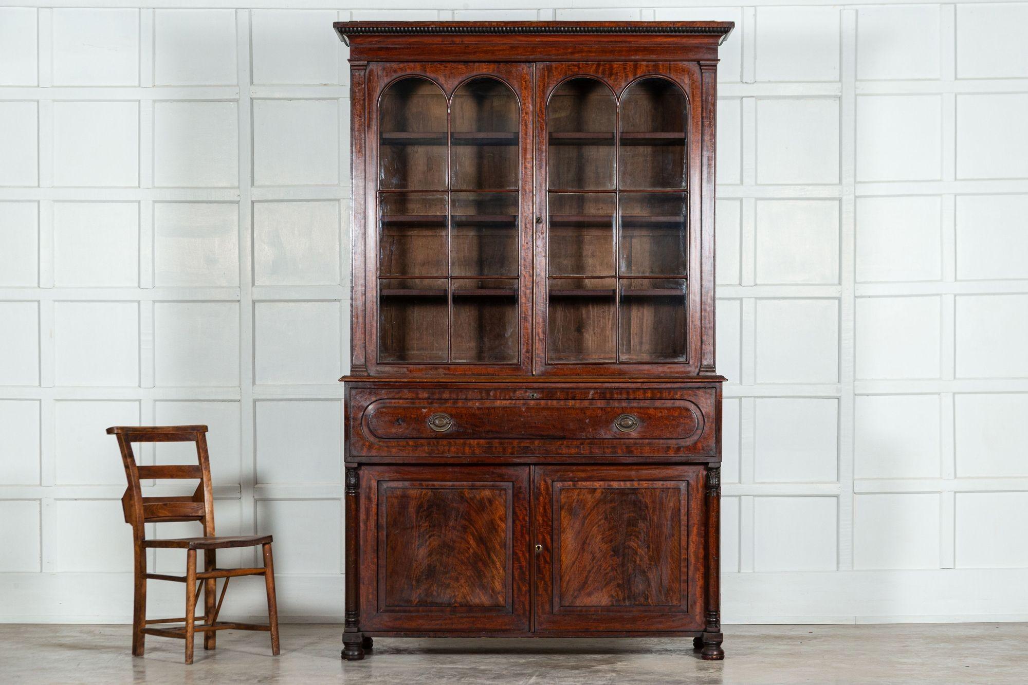 19th Century Large English Regency Mahogany Glazed Secretaire Bookcase For Sale
