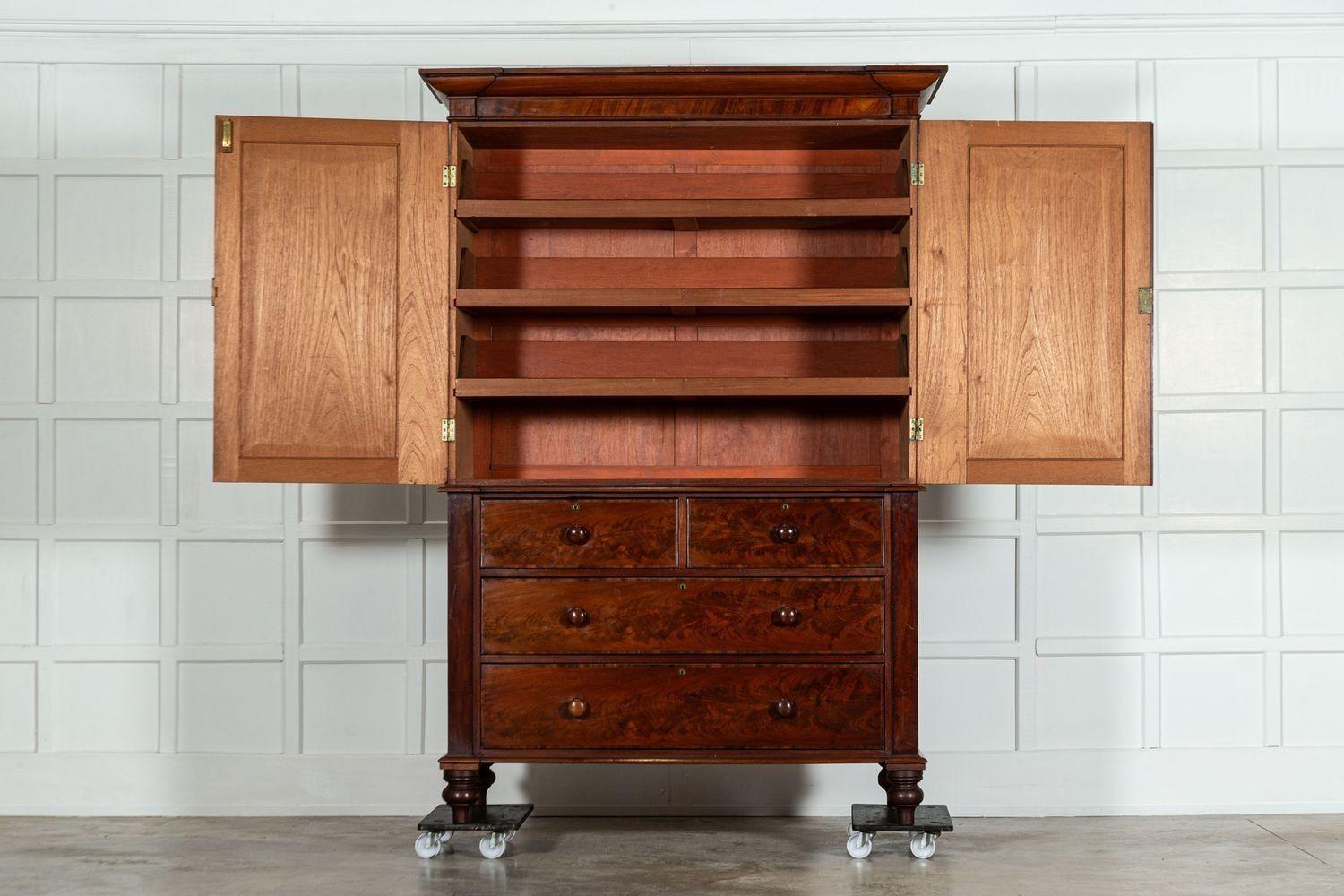 circa 1800
Large English Regency Mahogany Linen Press
sku 1933
Base W143 x D65 x H100 cm
Top W153 x D71 x H121 cm
Together W153 x D71 x H221 cm
Weight 136 kg