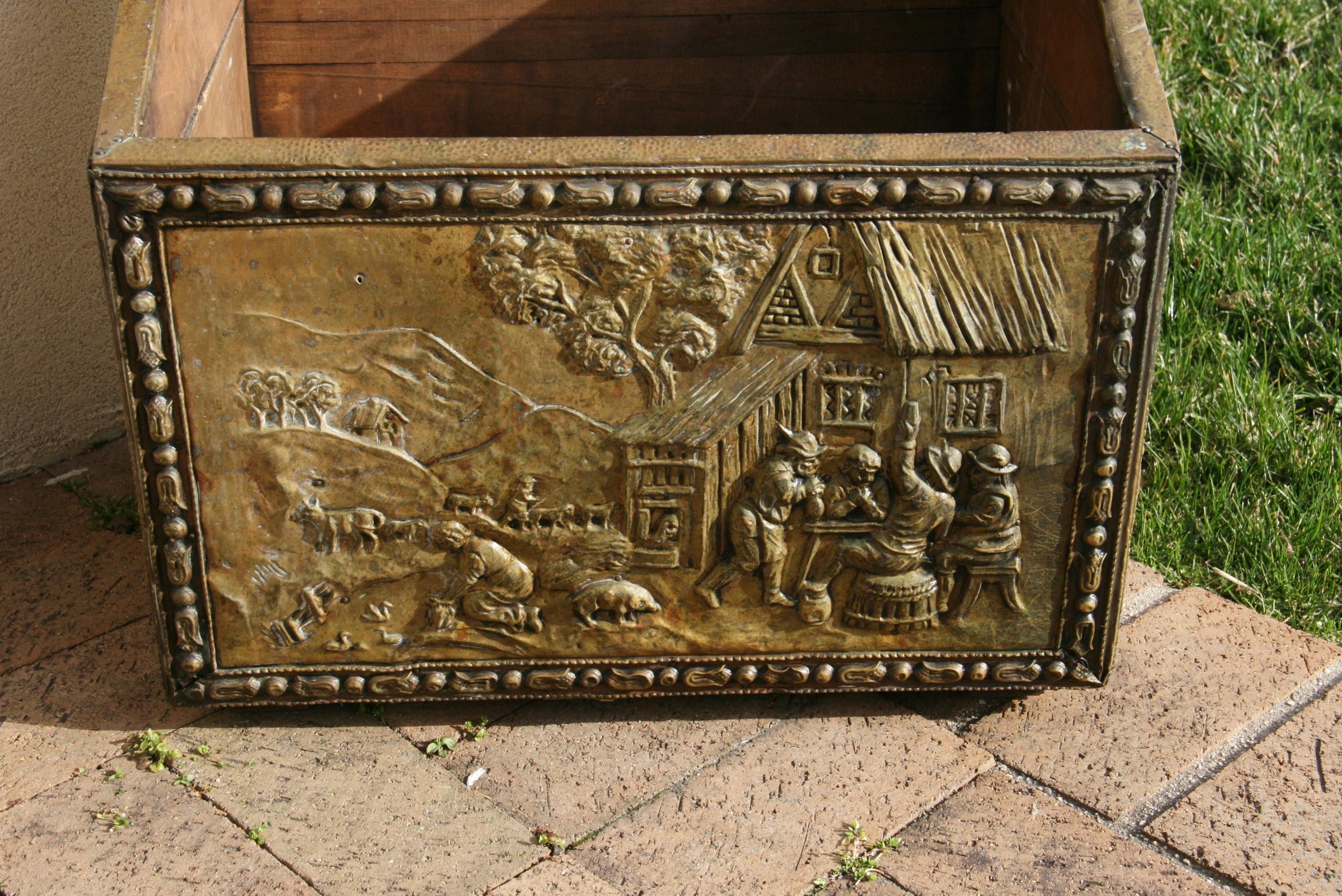 Antique Wood-Holder/Coal Bin  covered in Embossed Gilt Brass late 19th century For Sale 9