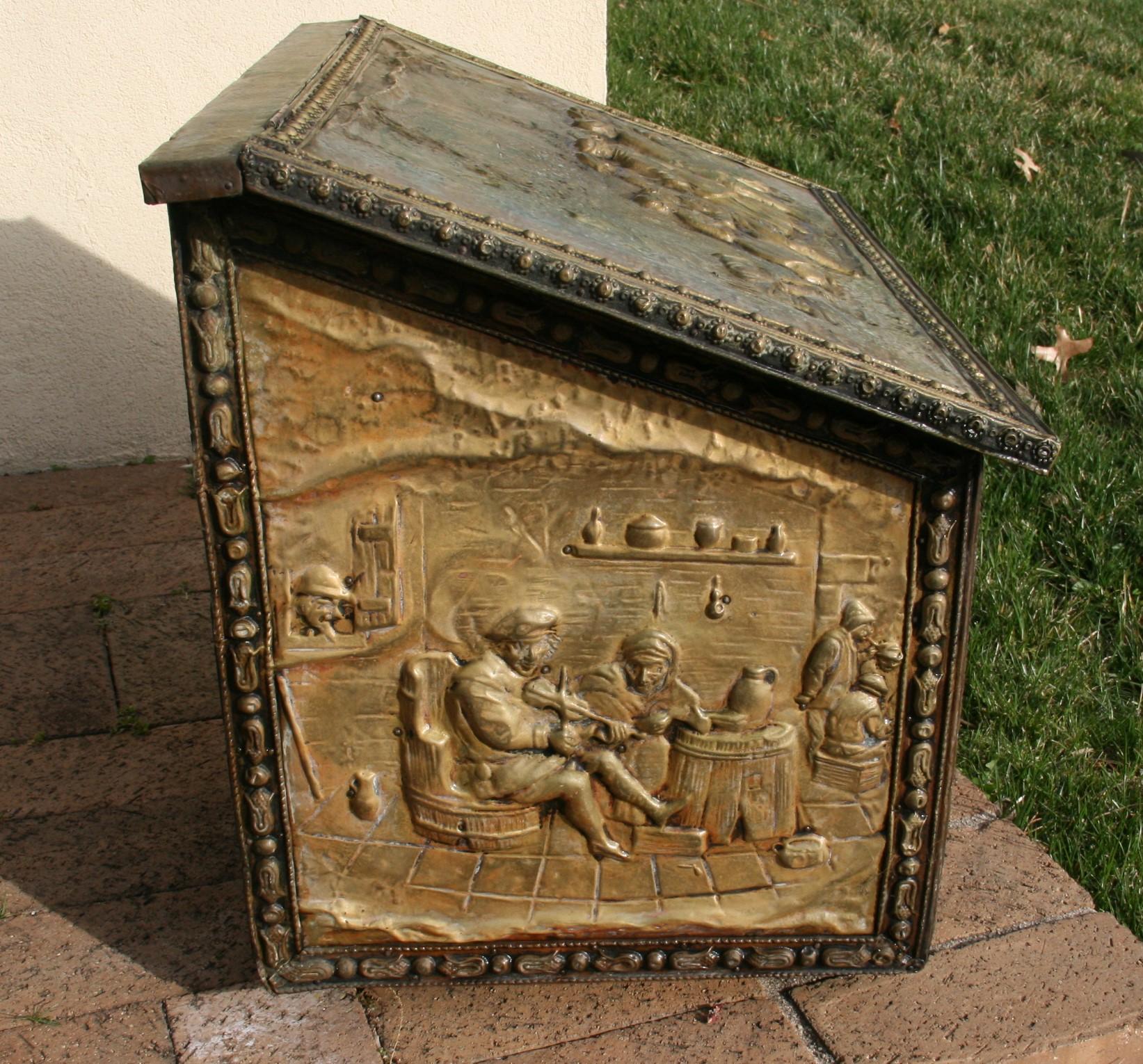 Antique Wood-Holder/Coal Bin  covered in Embossed Gilt Brass late 19th century For Sale 3