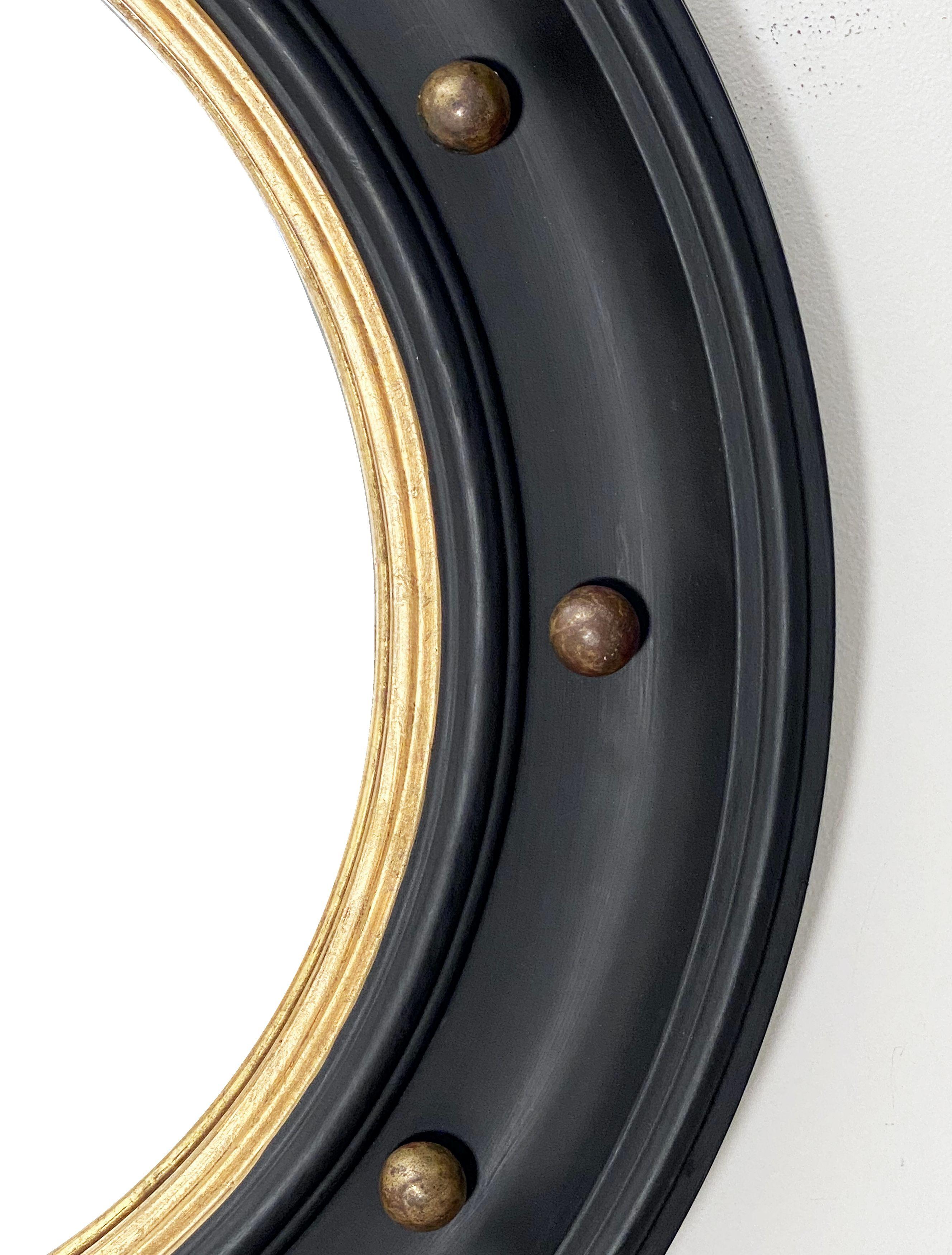 Large English Round Ebony Black and Gold Framed Convex Mirror (Dia 29) 4