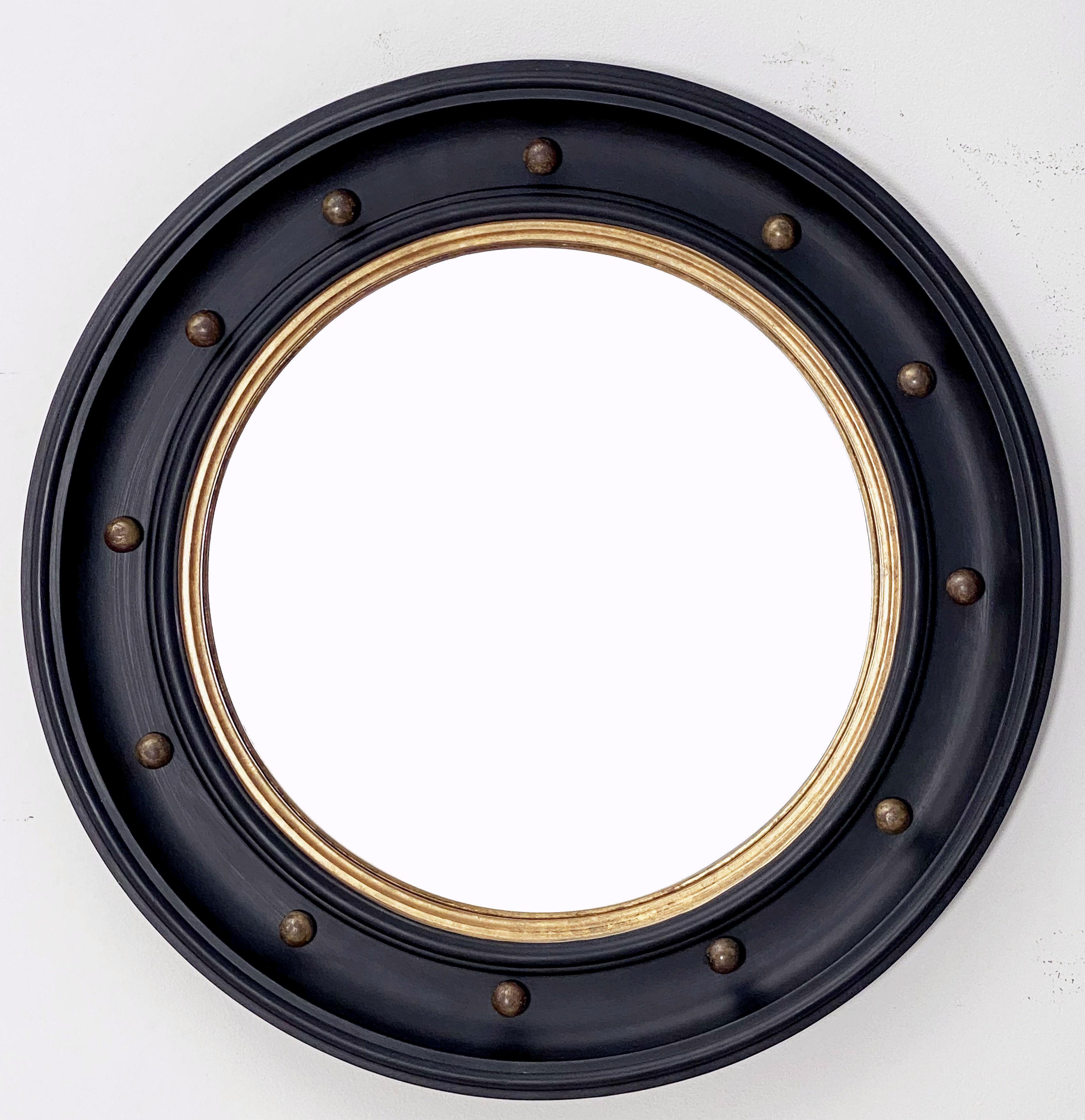 Large English Round Ebony Black and Gold Framed Convex Mirror (Dia 29) 6
