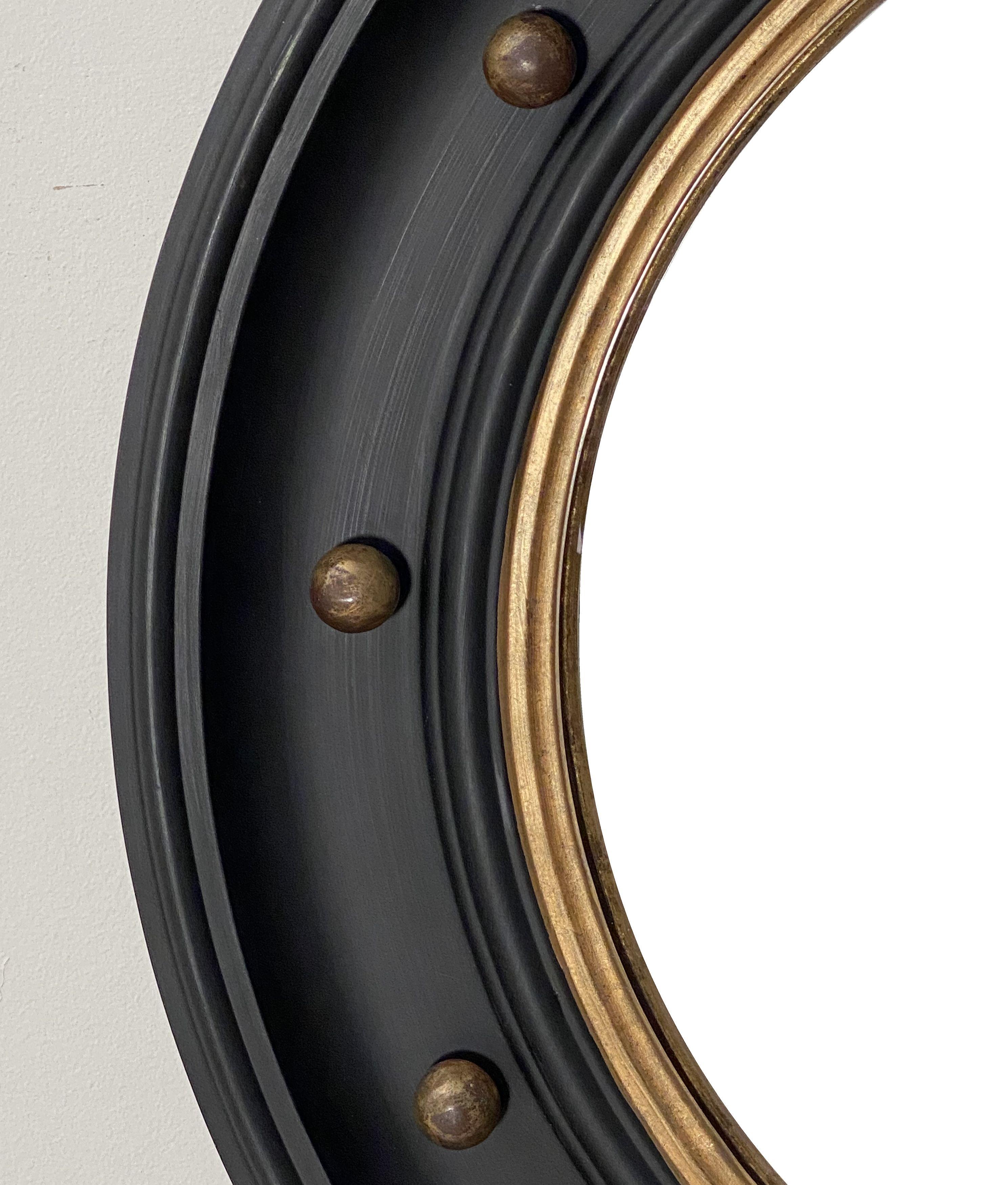 20th Century Large English Round Ebony Black and Gold Framed Convex Mirror (Dia 29)