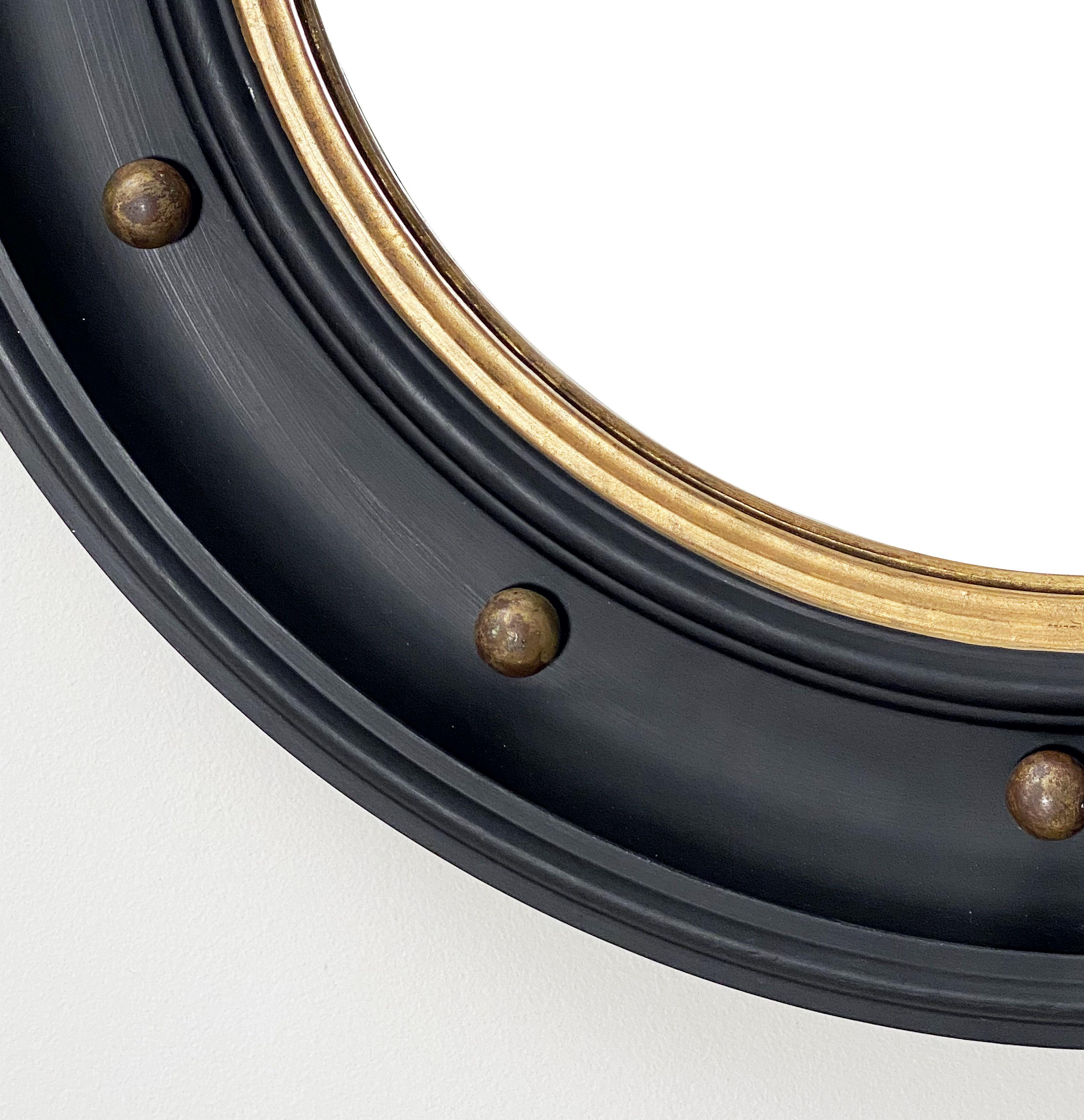 Large English Round Ebony Black and Gold Framed Convex Mirror (Dia 29) 1