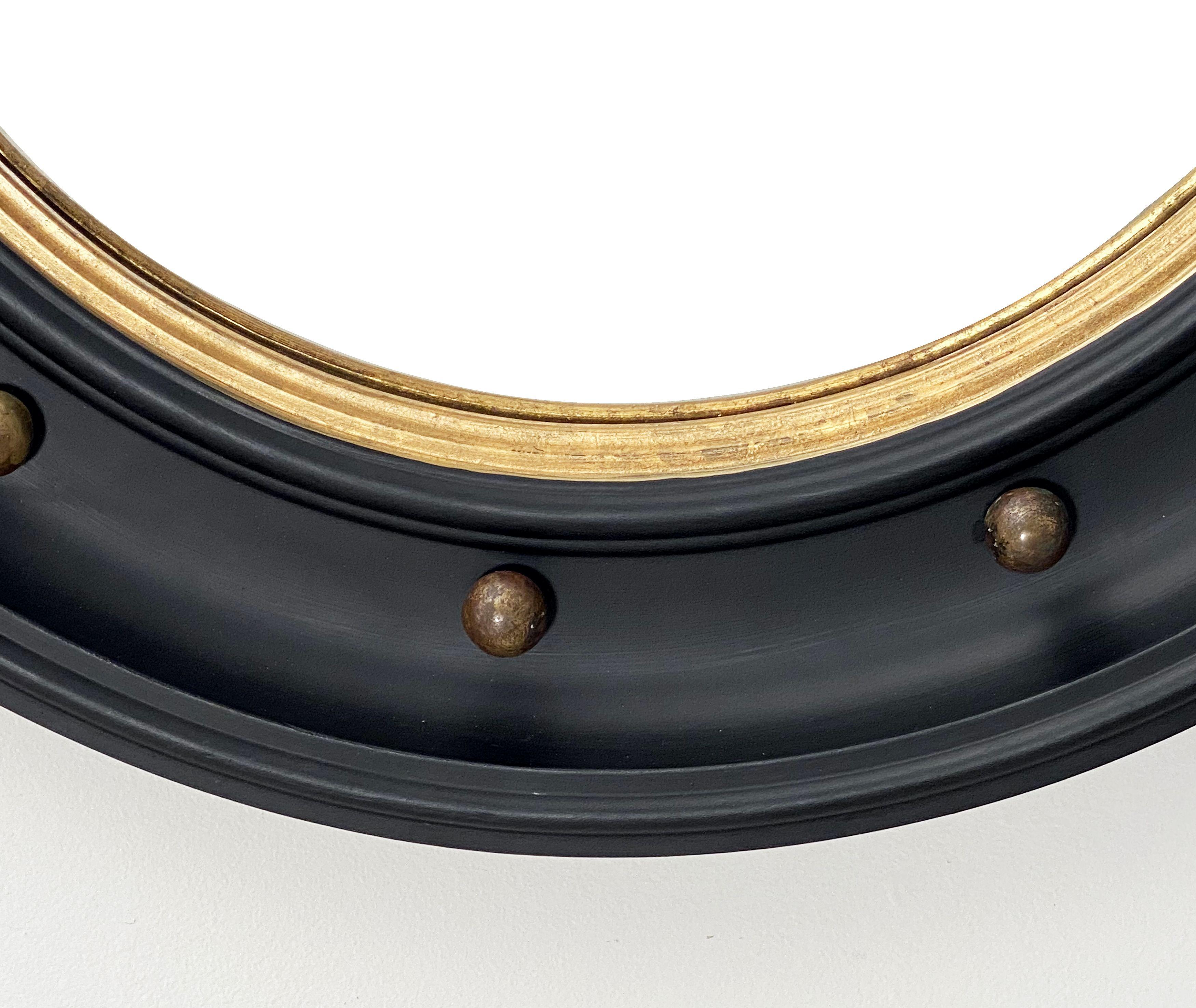 Large English Round Ebony Black and Gold Framed Convex Mirror (Dia 29) 2