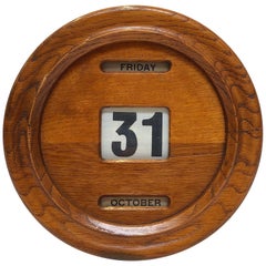 Antique Large English Round Perpetual Wall Calendar of Oak