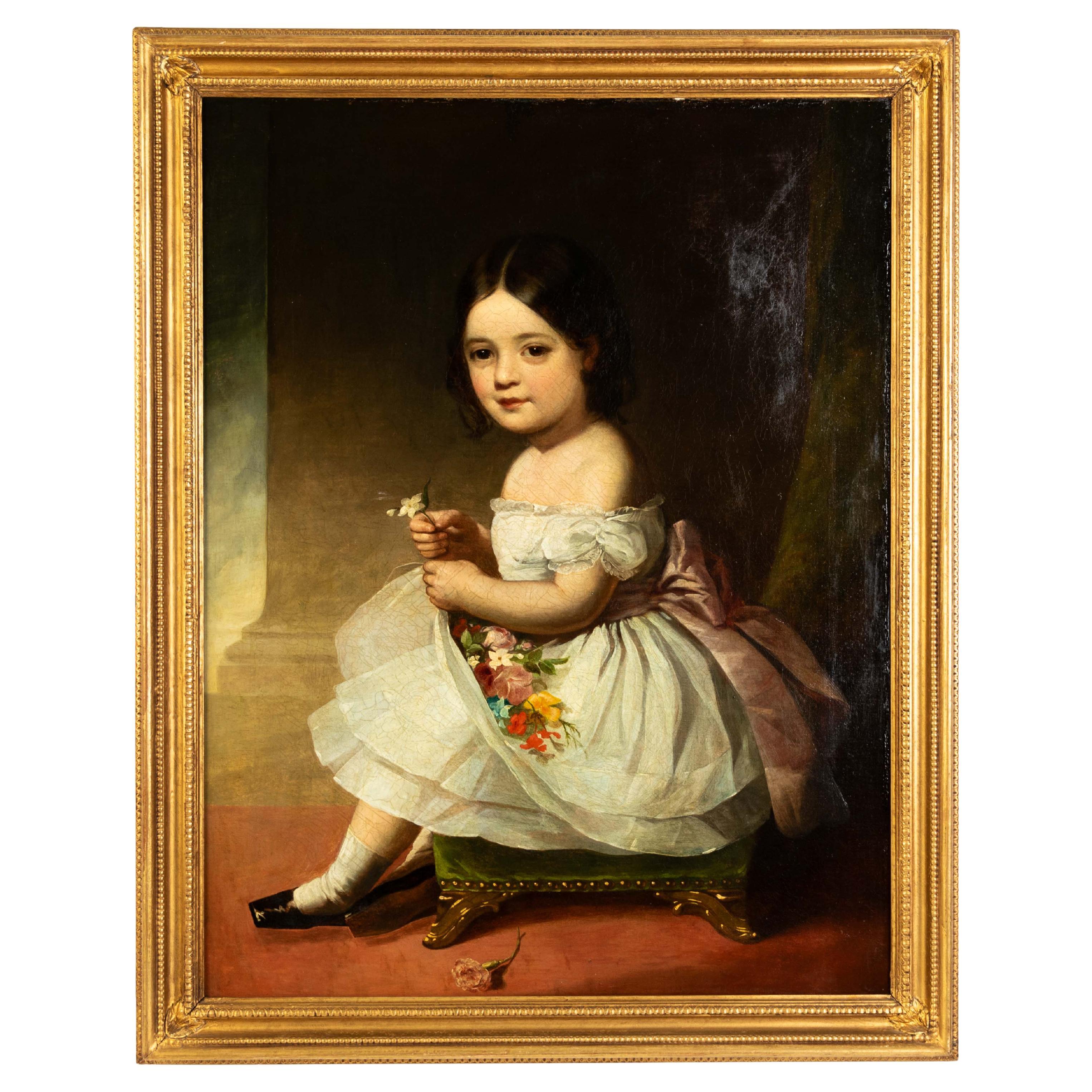 Large English School Portrait of a Young Seated Girl Oil on Canvas Painting