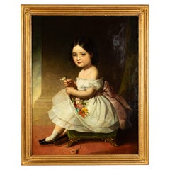 Large English School Portrait of a Young Seated Girl Oil on Canvas Painting