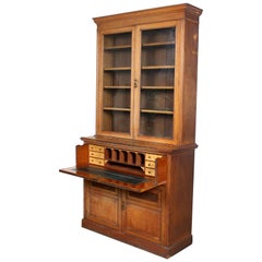 Antique Large English Secretaire Oak Glazed Bureau Bookcase Edwardian Library Cabinet