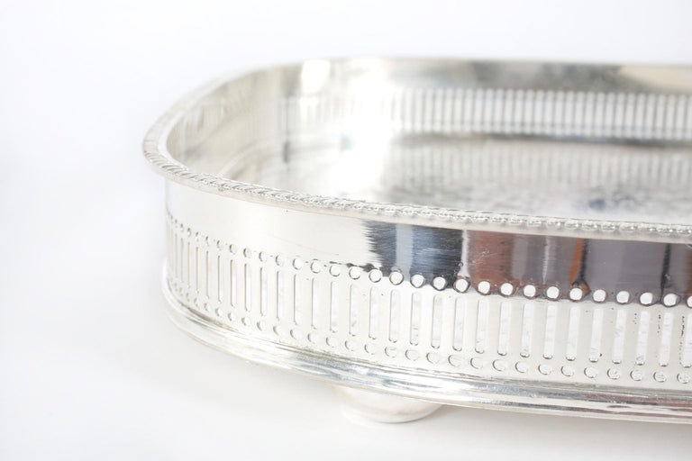Large English Sheffield Plated Footed Barware Gallery Tray at 1stDibs