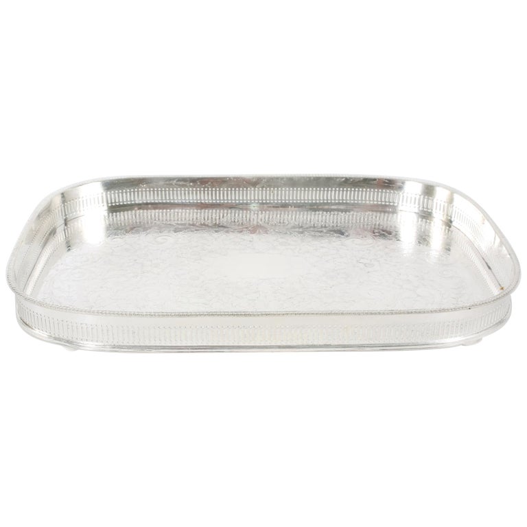 Large English Sheffield Plated Footed Barware Gallery Tray at 1stDibs