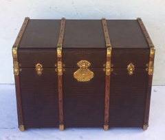 Large English Shipping Trunk of Brass-Bound Paneled Wood