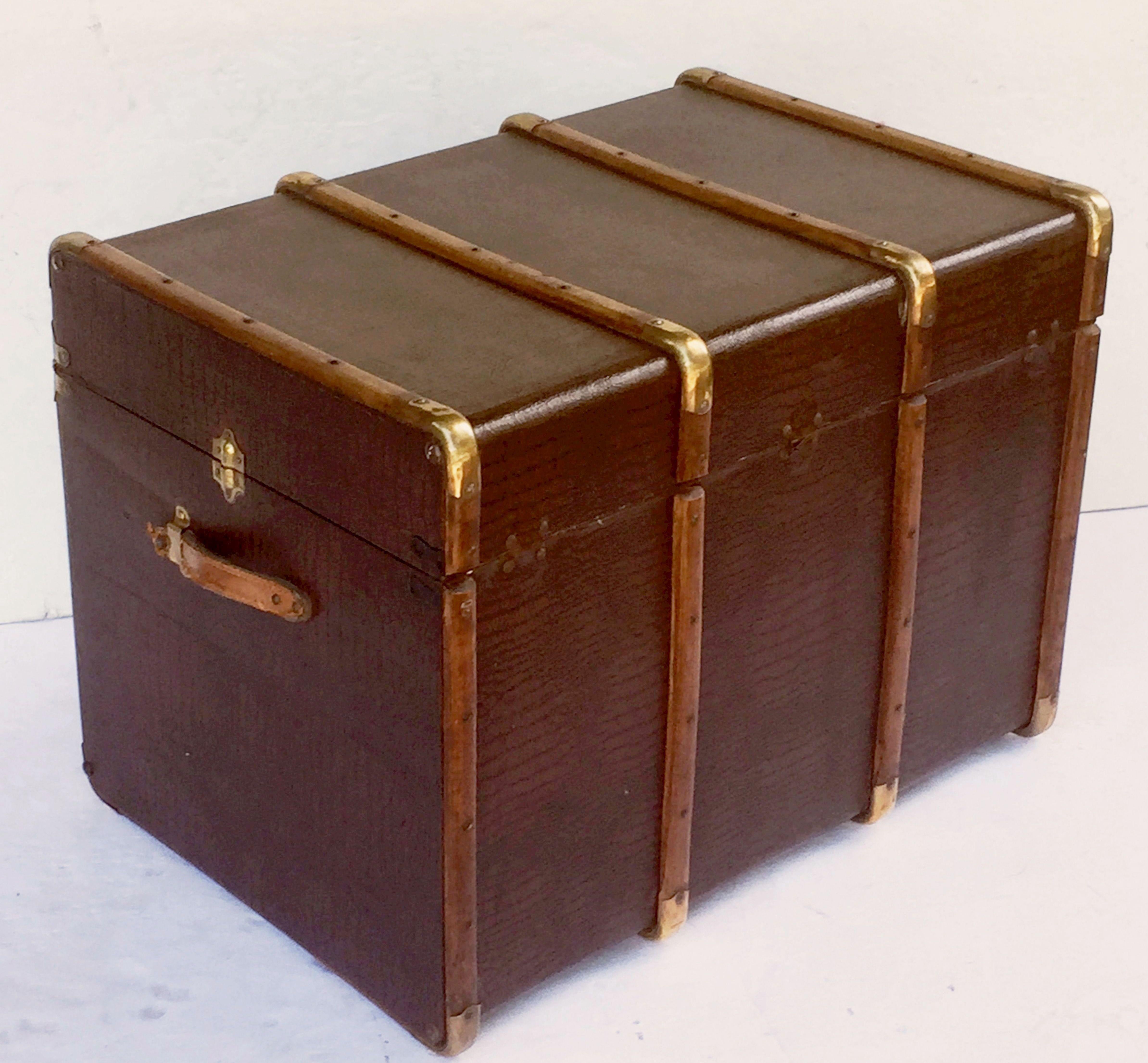 20th Century Large English Shipping Trunk of Brass-Bound Paneled Wood