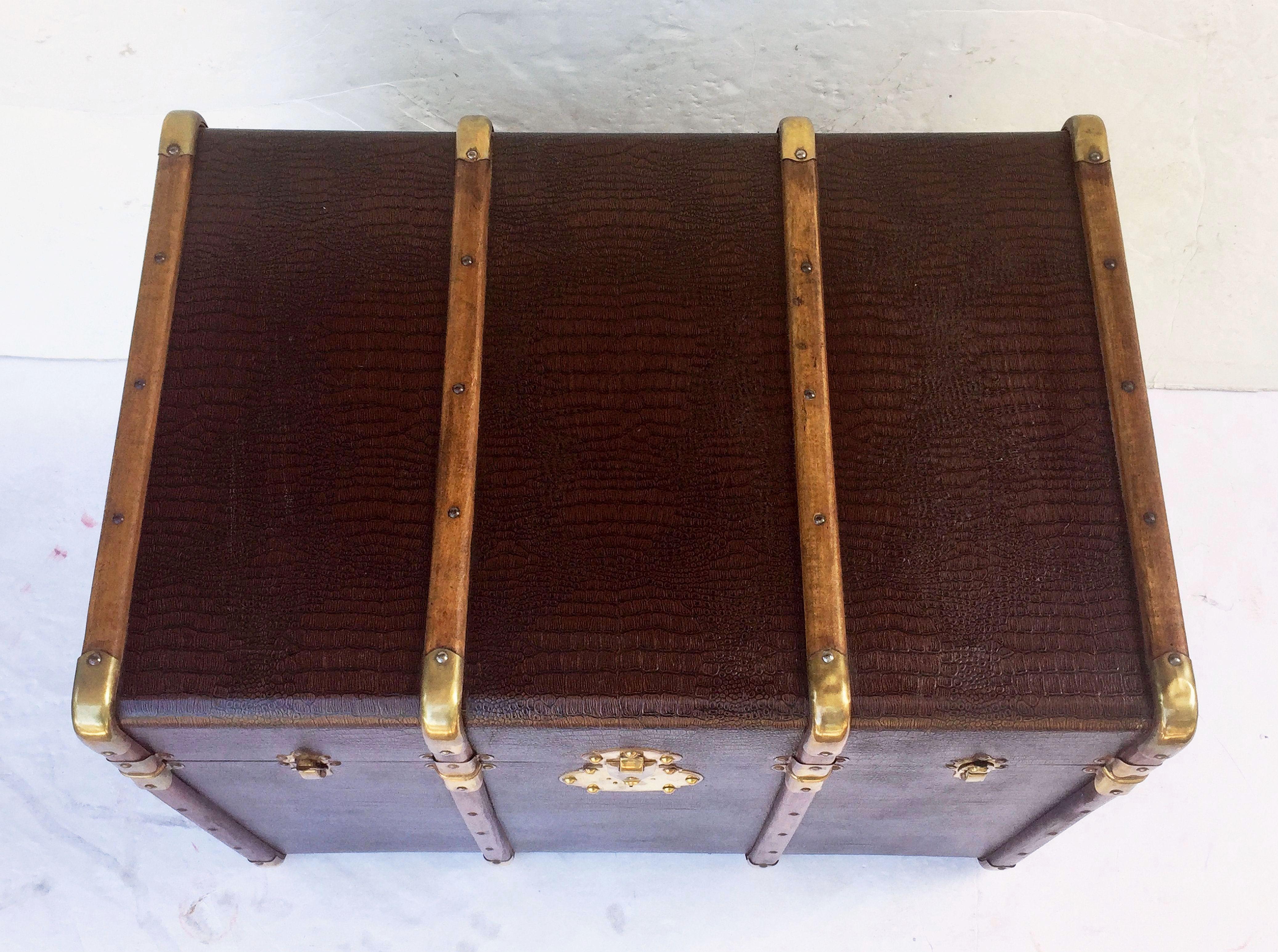 Metal Large English Shipping Trunk of Brass-Bound Paneled Wood