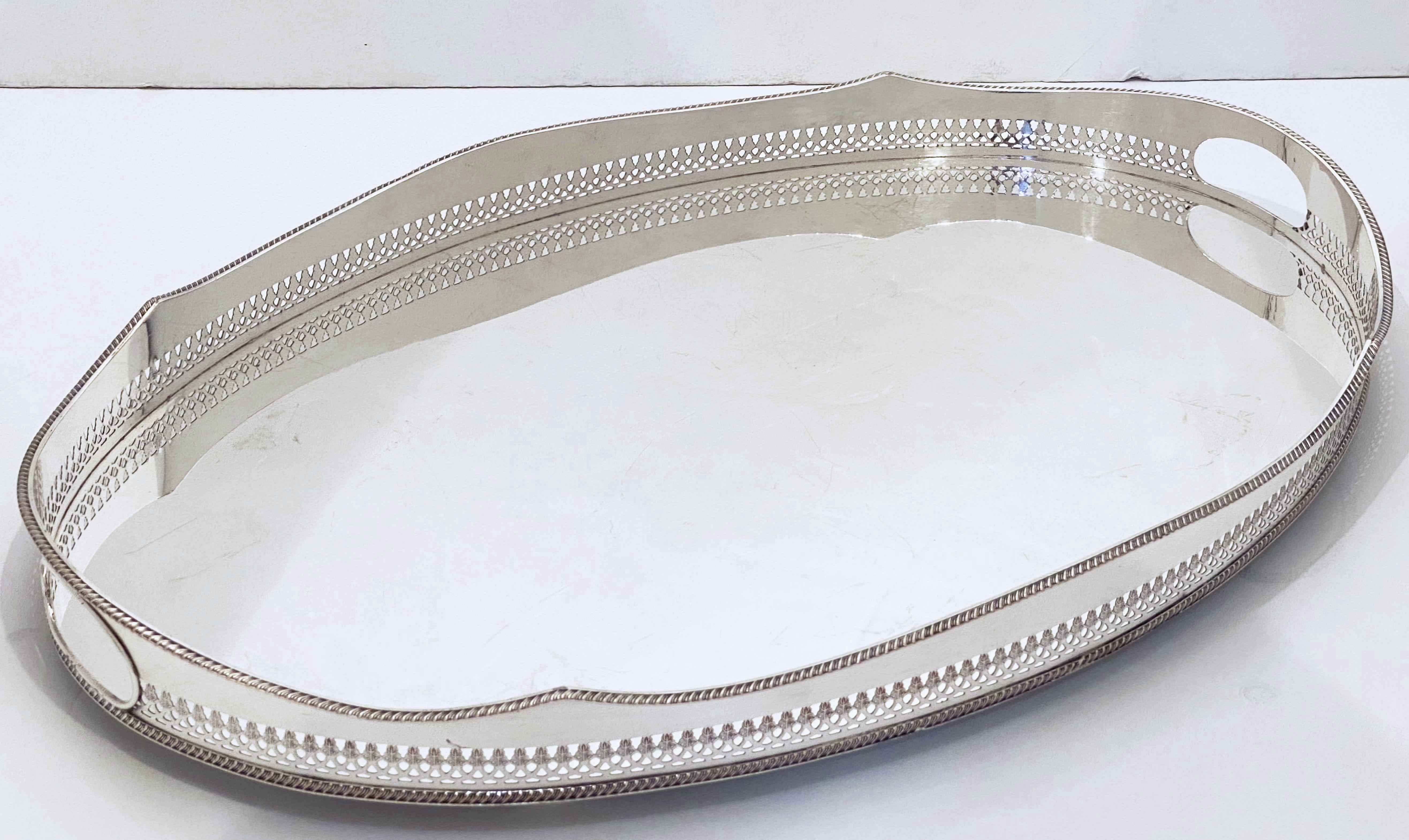 Large English Silver Oval Gallery Serving or Drinks Tray 6