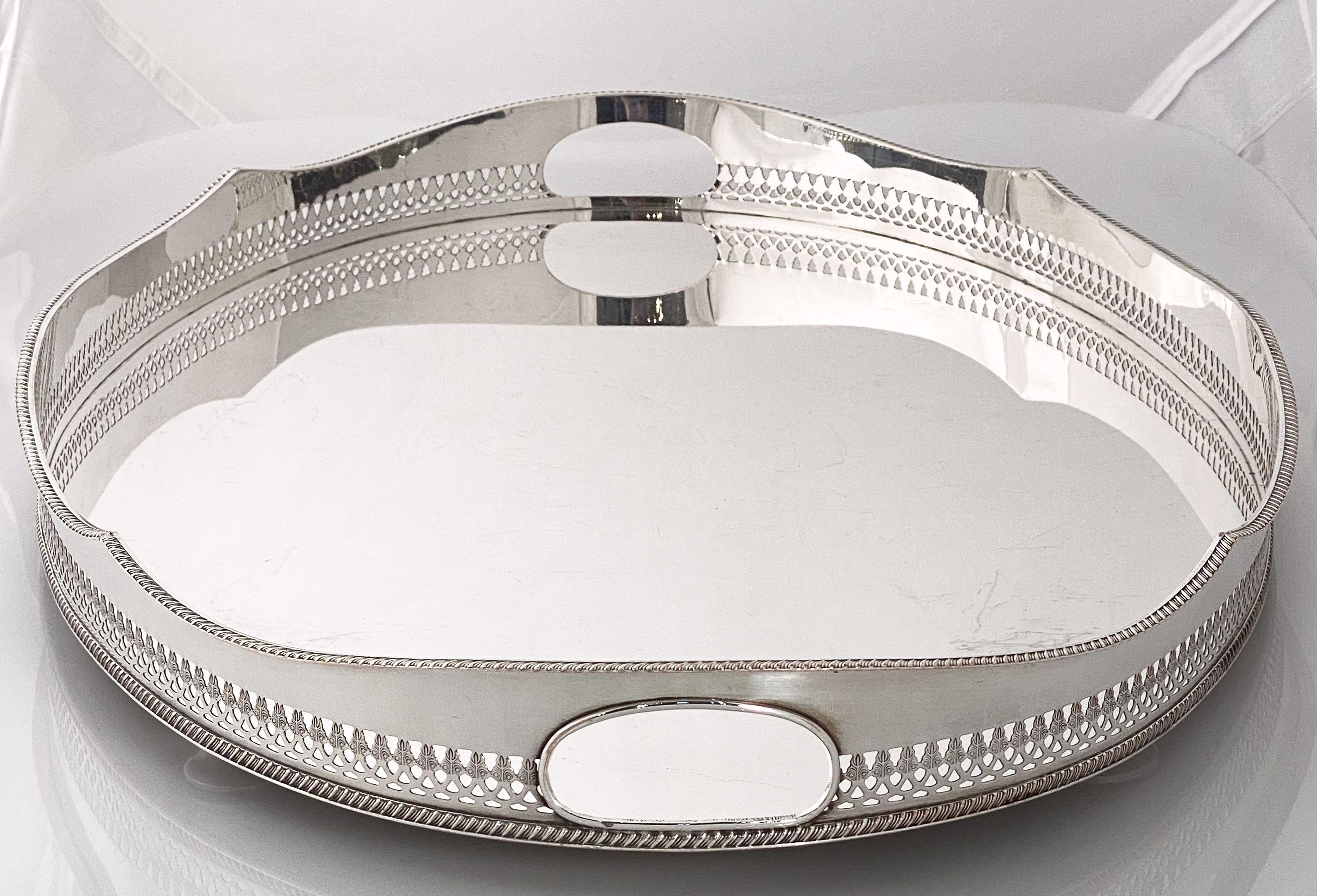 Large English Silver Oval Gallery Serving or Drinks Tray 7