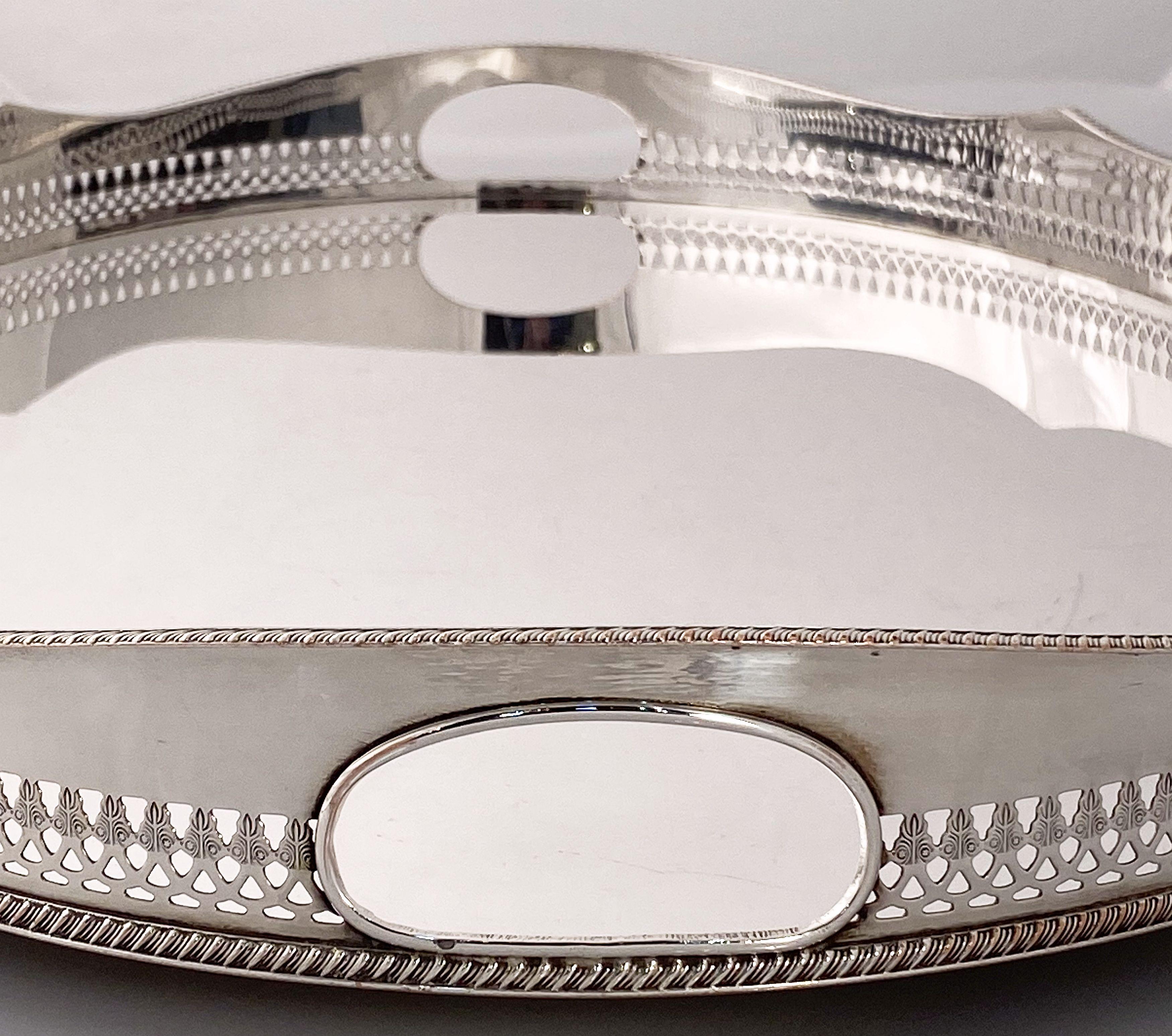 Large English Silver Oval Gallery Serving or Drinks Tray 8
