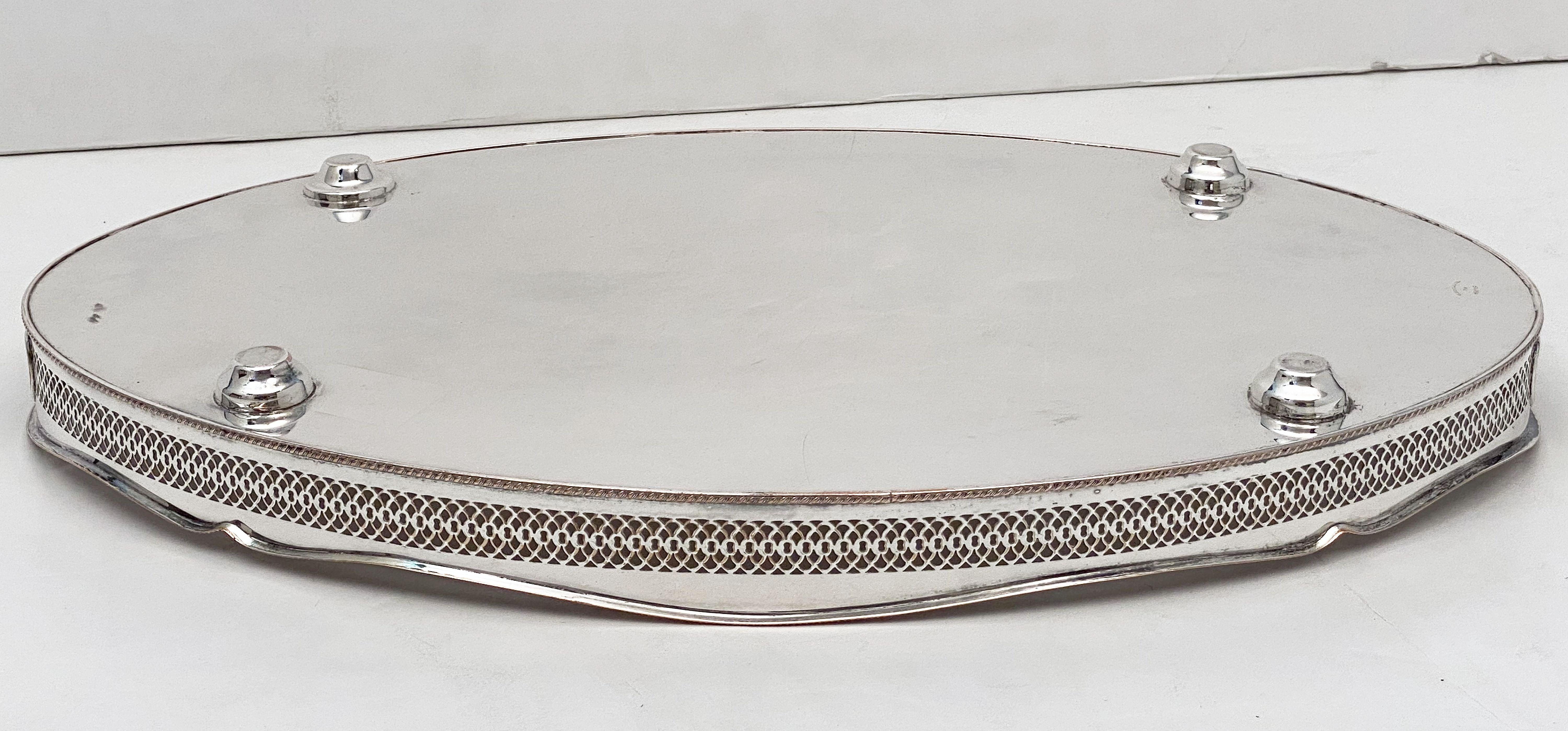 Large English Silver Oval Gallery Serving or Drinks Tray 14